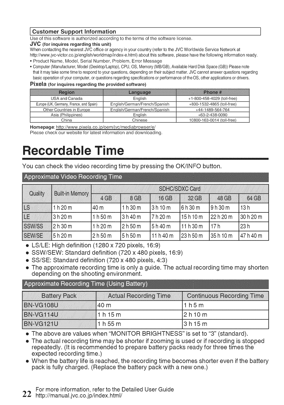 JVC GZ-HM50U manual Recordable Time, Customer Support Information 