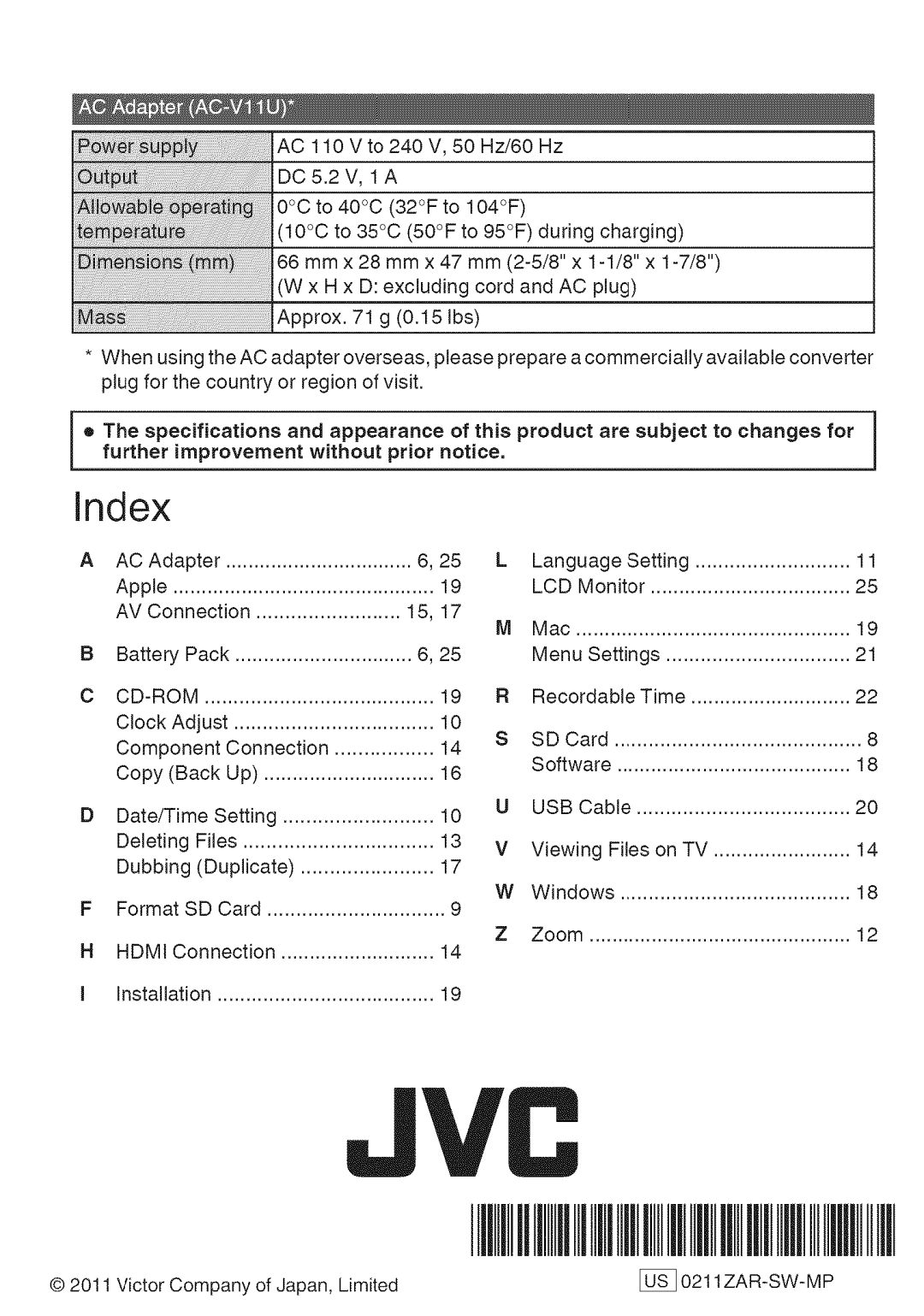 JVC GZ-HM50U manual Specifications, This Product are Subject to changes, Improvement 