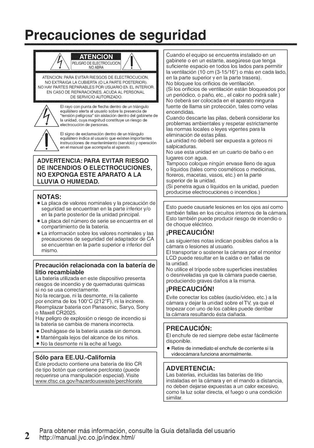 JVC GZ-HM50U manual Precauciones de seguridad, Precauci6n relacionada con la bateria de Litio recambiable 