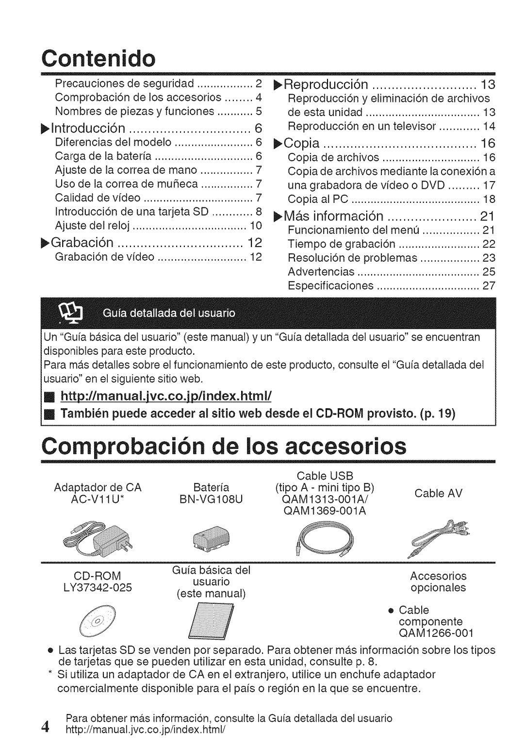 JVC GZ-HM50U manual Comprobaci6n, Contenido 