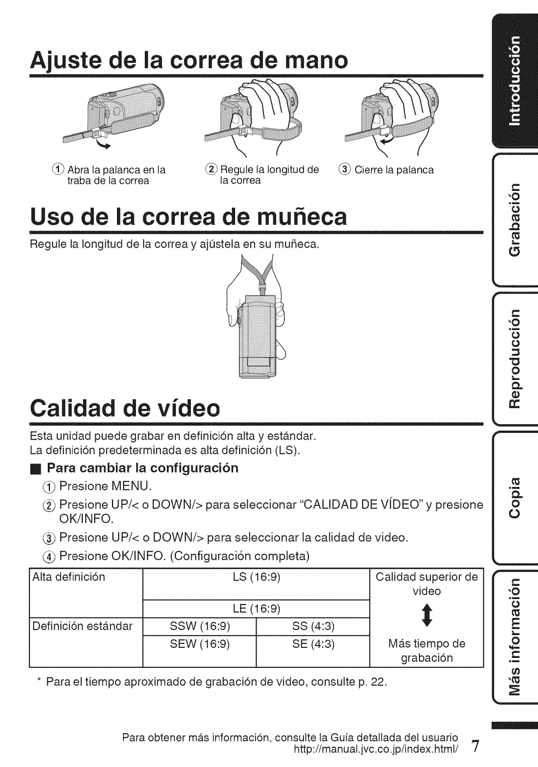 JVC GZ-HM50U manual Ajuste de la correa de mano, Calidad de video 