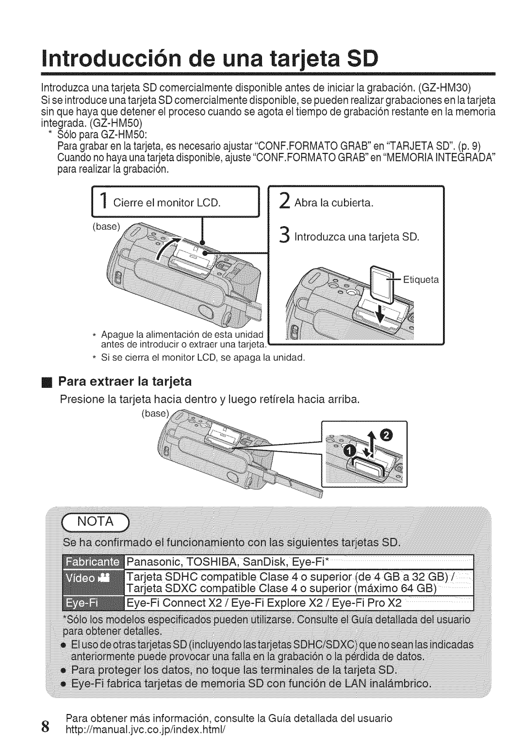 JVC GZ-HM50U manual Introducci6n de una tarjeta SD 