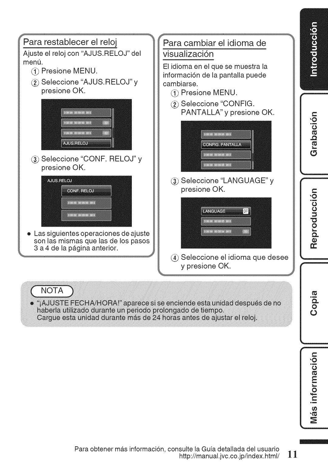 JVC GZ-HM50U manual Para restablecer el reloj 