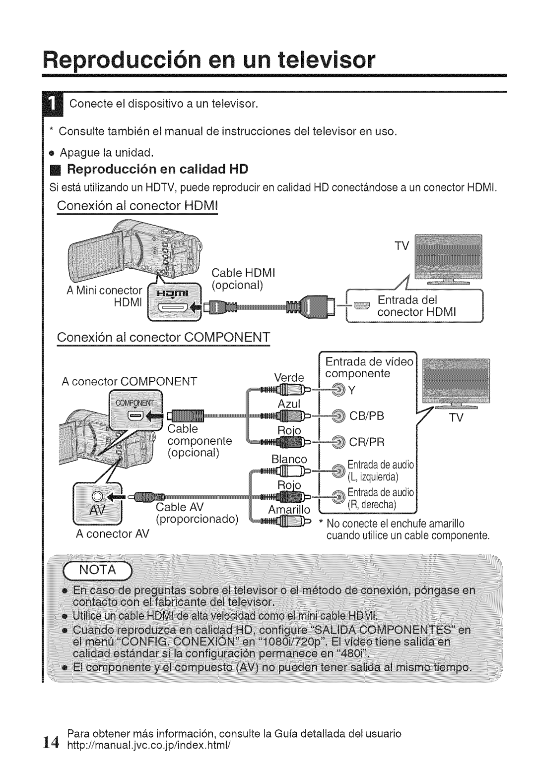 JVC GZ-HM50U Reproducci6n en un televisor, Conexion al conector Component, Reproducci6n en calidad HD, Hdmi, Cb/Pbtv Cr/Pr 