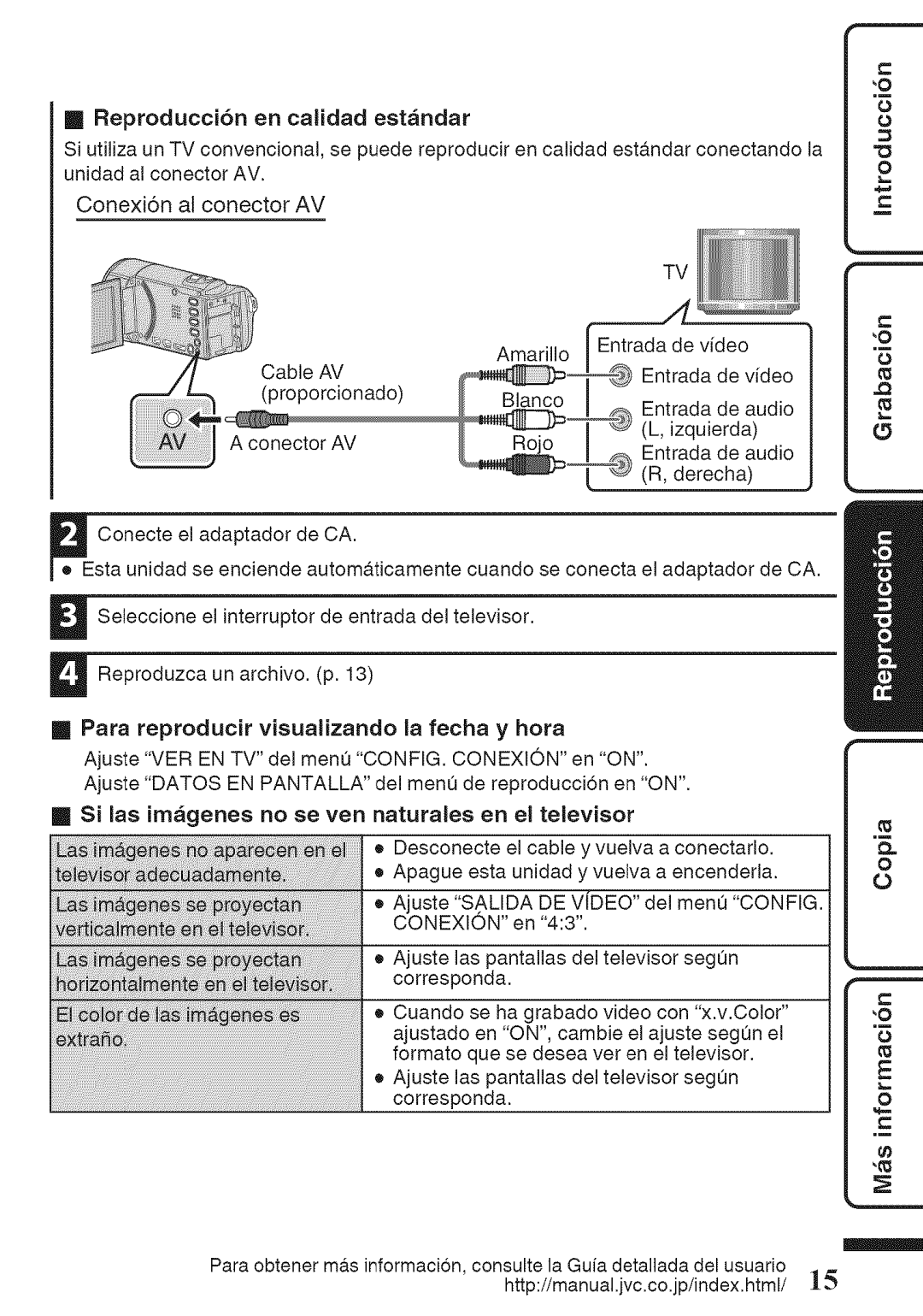 JVC GZ-HM50U manual Reproducci6n en calidad estandar, Unidad al conector AV Conexion al conector AV 