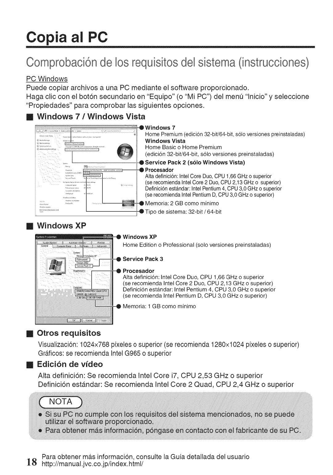 JVC GZ-HM50U Comprobaci6n de los requisitos del sistema instrucciones, HomeBaeicoHome Premium, Service Pack Procesador 