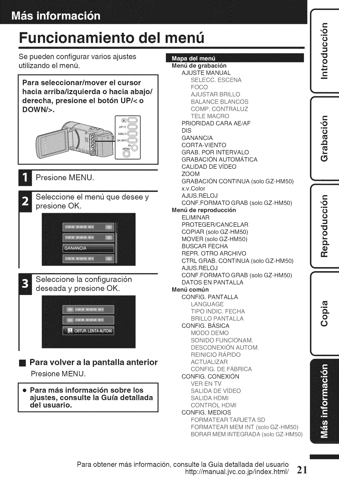 JVC GZ-HM50U manual Funcionamiento dei, Menu, Para selecoionar/mover el cursor, Para ms informaci6n sobre los j del usuario 