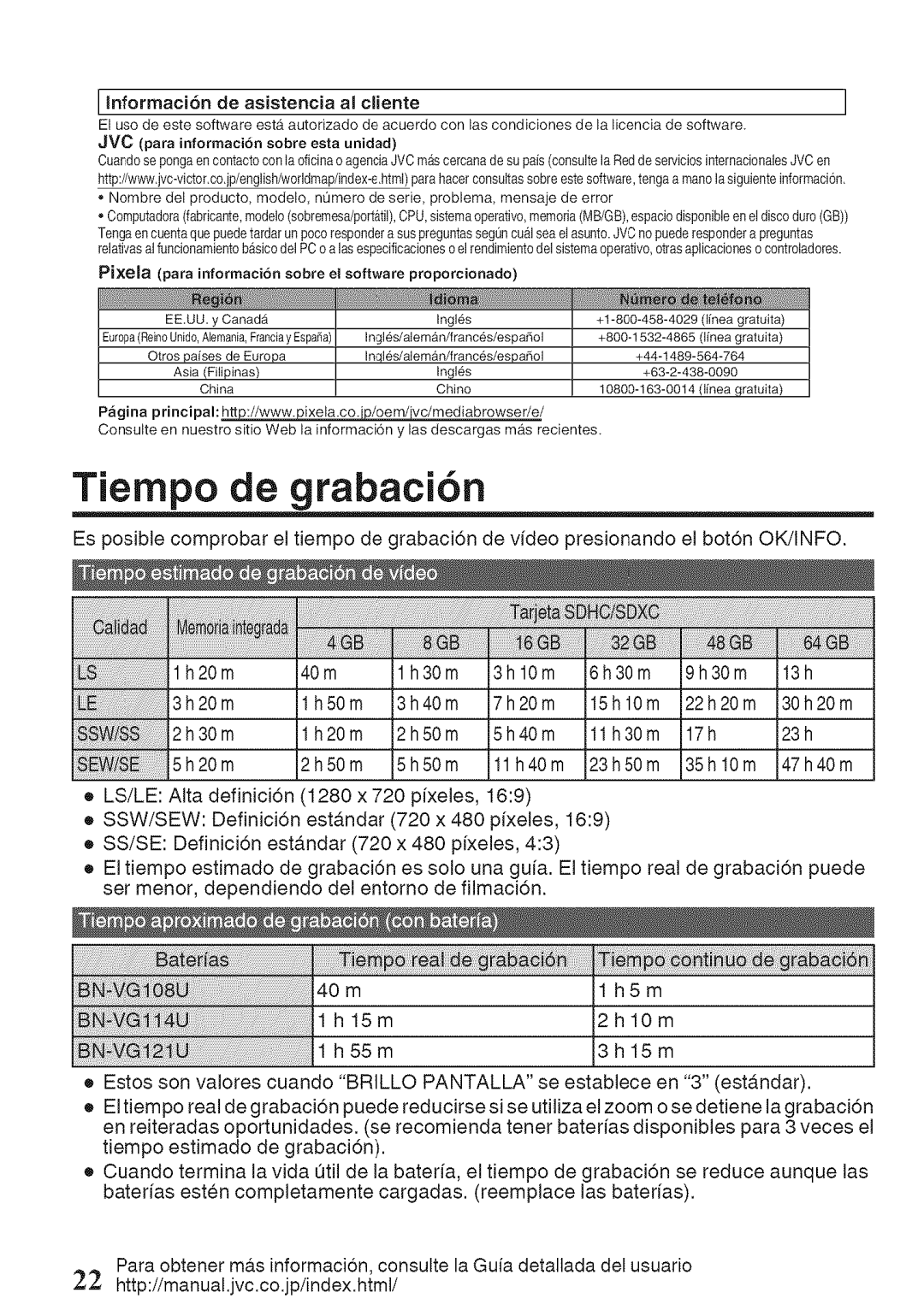 JVC GZ-HM50U manual Tiempo de grabaci6n, Informaci6n de asistencia ai cliente 