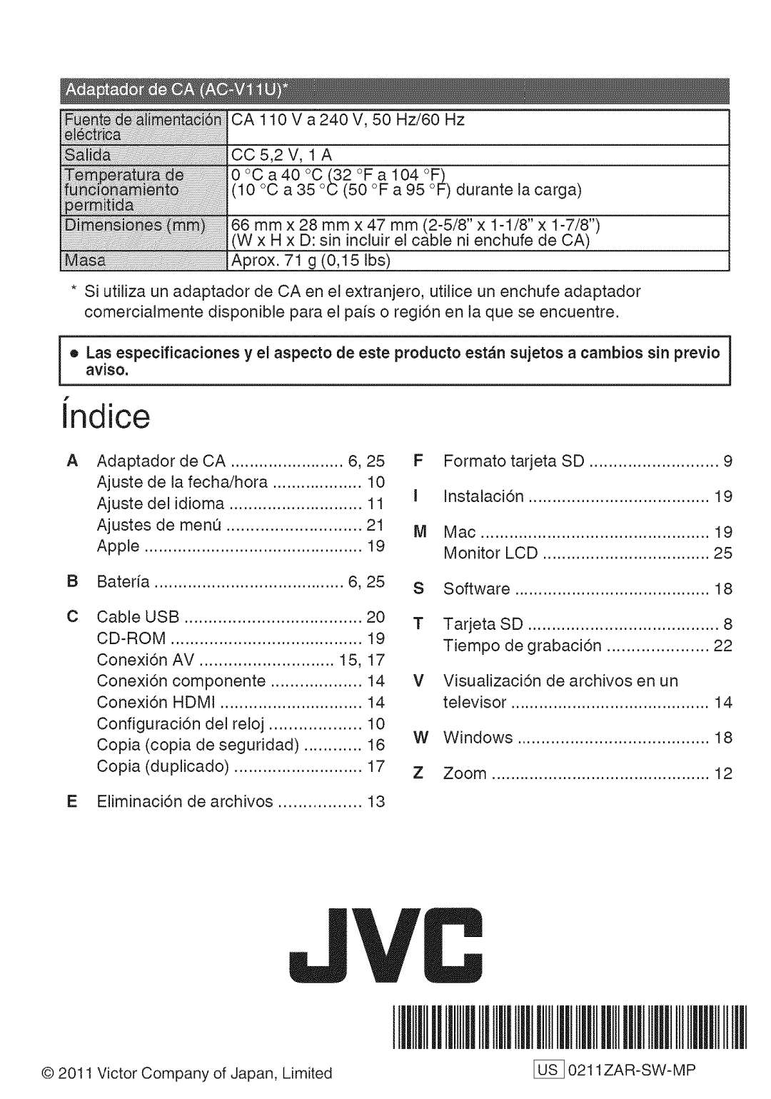 JVC GZ-HM50U manual Indice, Producto estn Sujetos a cambios sin previo Aviso 