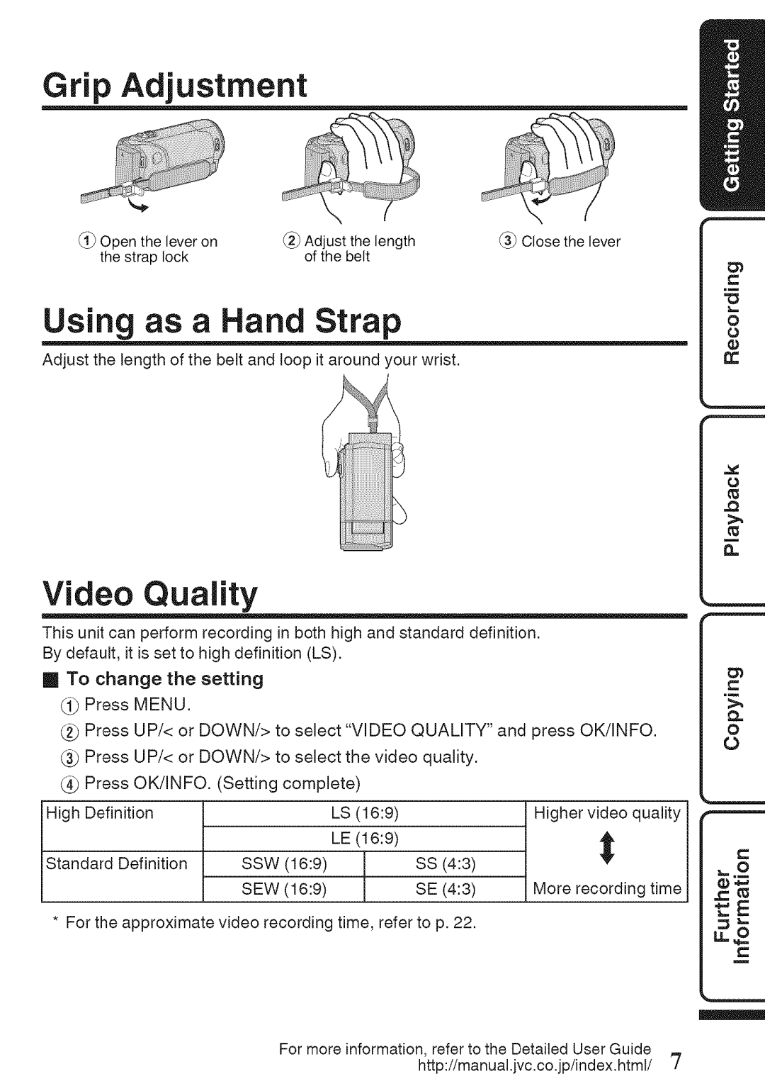 JVC GZ-HM50U manual Grip Adjustment, Video Quality 