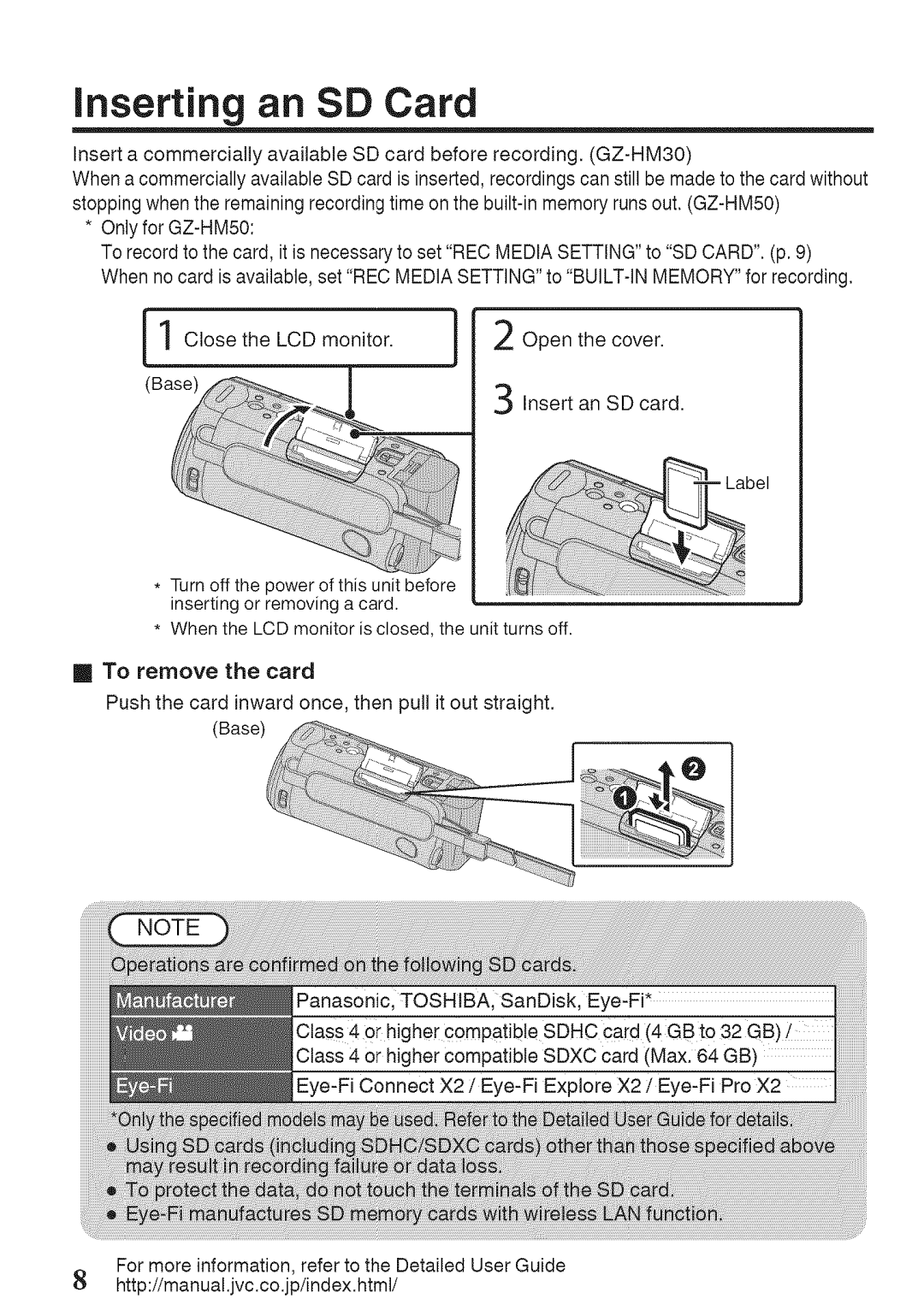 JVC GZ-HM50U manual Inserting an SD Card 