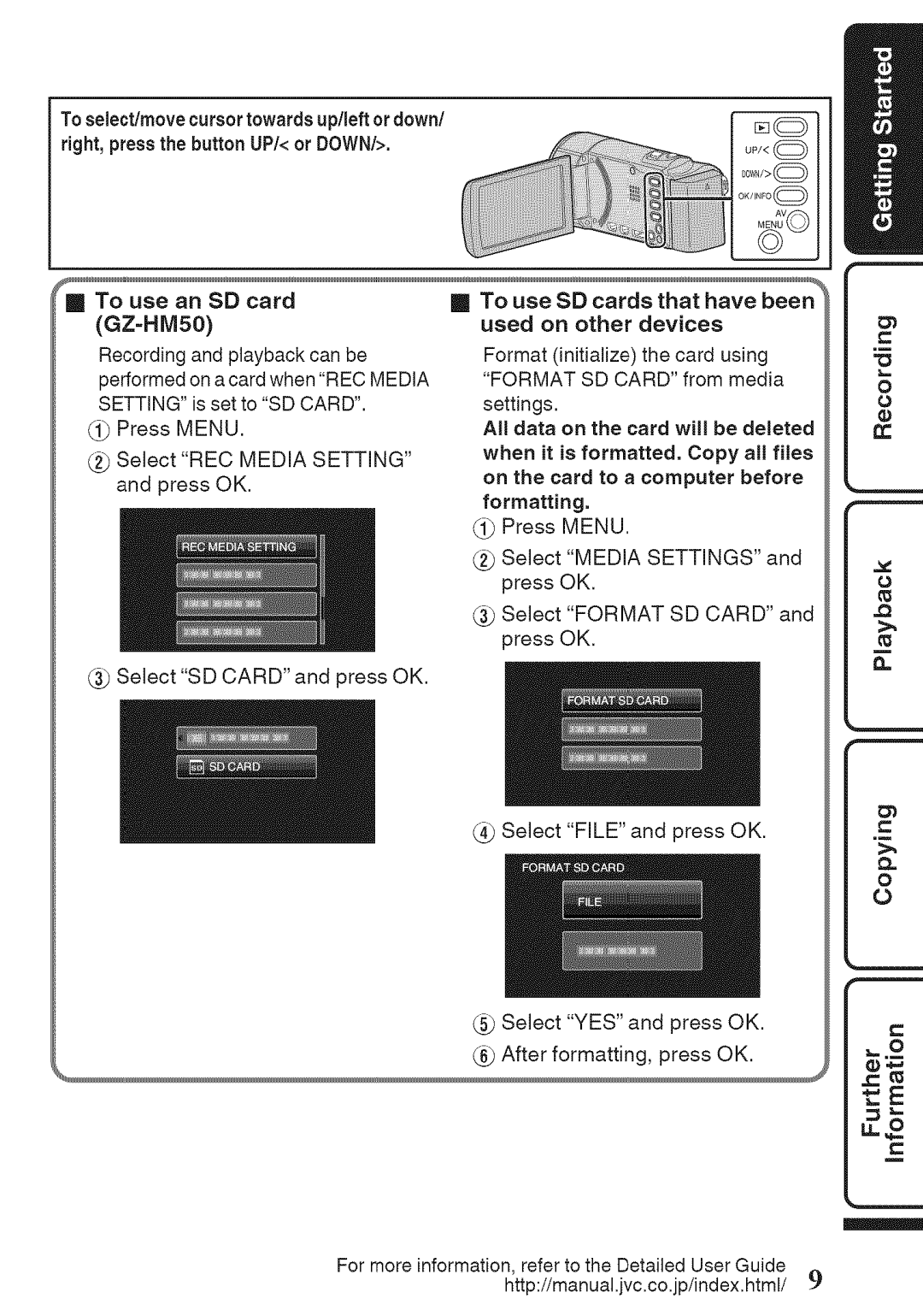 JVC GZ-HM50U manual Toselect/move cursortowards up/left or down, Have been, REC Media Setting, Media Settings 