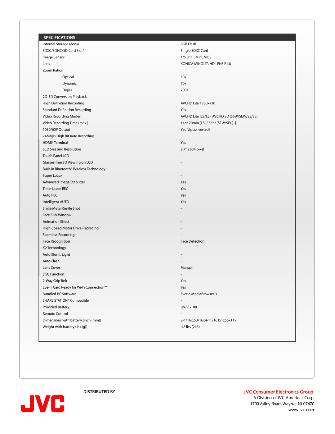 JVC GZ-HM50US manual Specifications, Konica Minolta HD Lens F1.8 