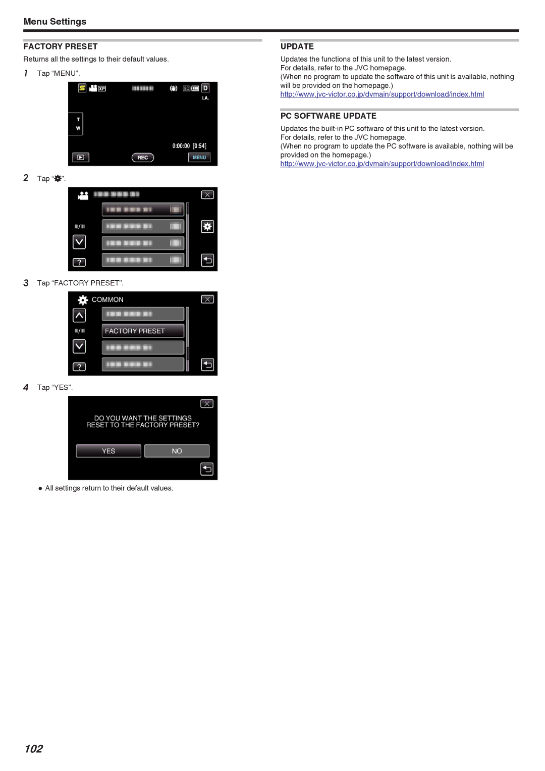 JVC GZ-HM450, GZ-HM670, GZ-HM690, GZ-HM650, GZ-HM440 manual Factory Preset, PC Software Update 