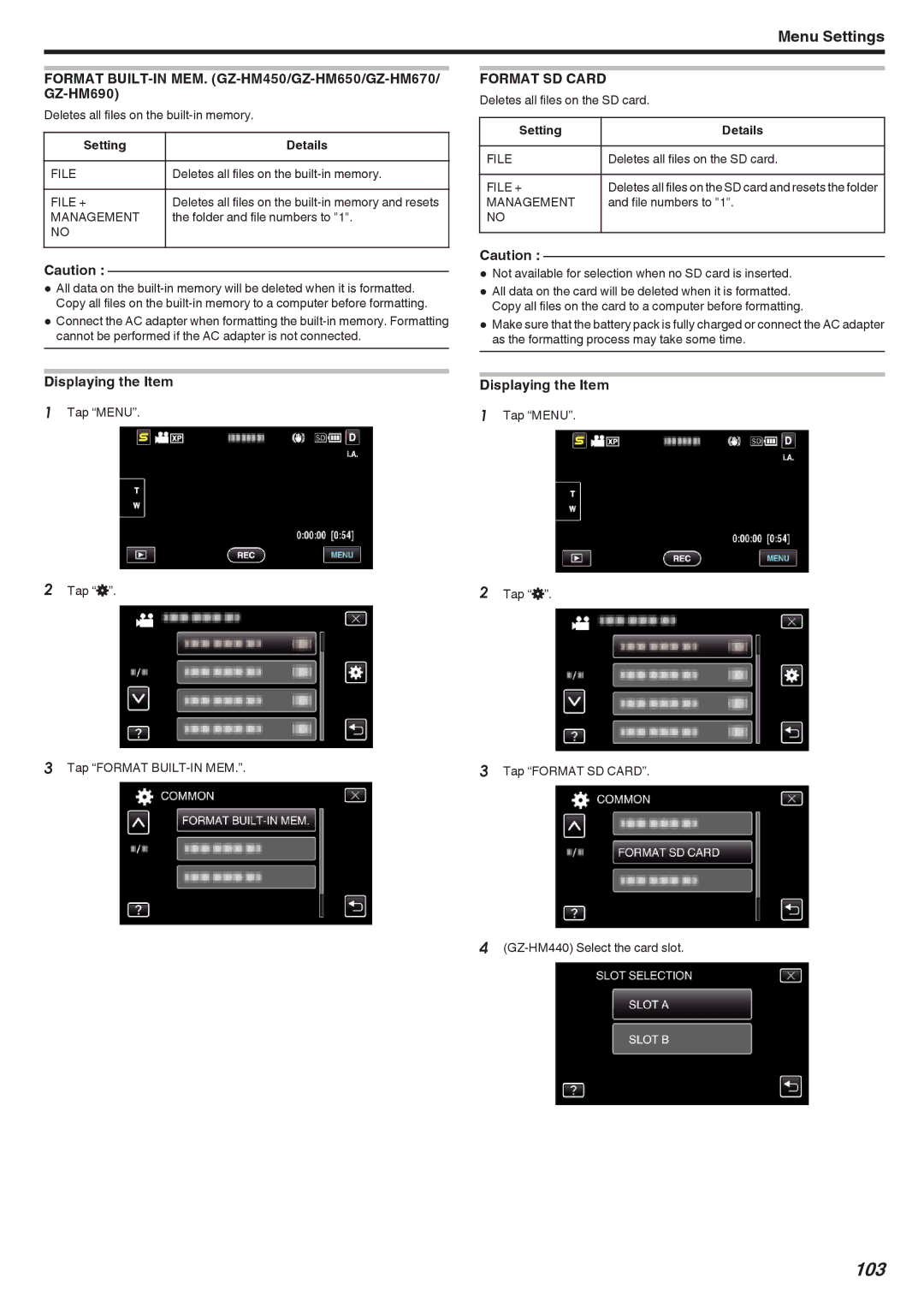 JVC GZ-HM440 manual Format BUILT-IN MEM. GZ-HM450/GZ-HM650/GZ-HM670/ GZ-HM690, Format SD Card, File +, Management 