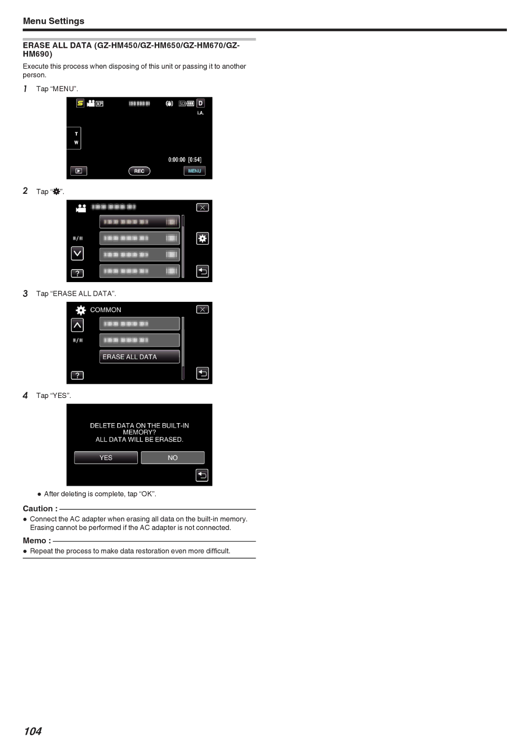 JVC GZ-HM440, GZ-HM690 manual Erase ALL Data GZ-HM450/GZ-HM650/GZ-HM670/GZ- HM690, Memo 