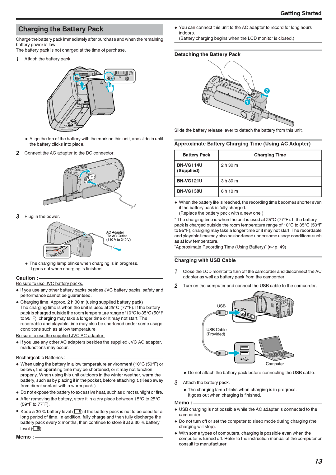 JVC GZ-HM650 Charging the Battery Pack, Detaching the Battery Pack, Approximate Battery Charging Time Using AC Adapter 