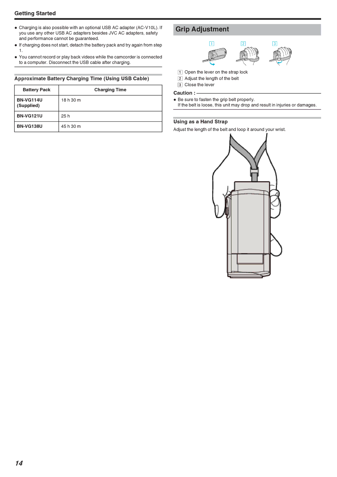 JVC GZ-HM440, GZ-HM670, GZ-HM690 Grip Adjustment, Approximate Battery Charging Time Using USB Cable, Using as a Hand Strap 