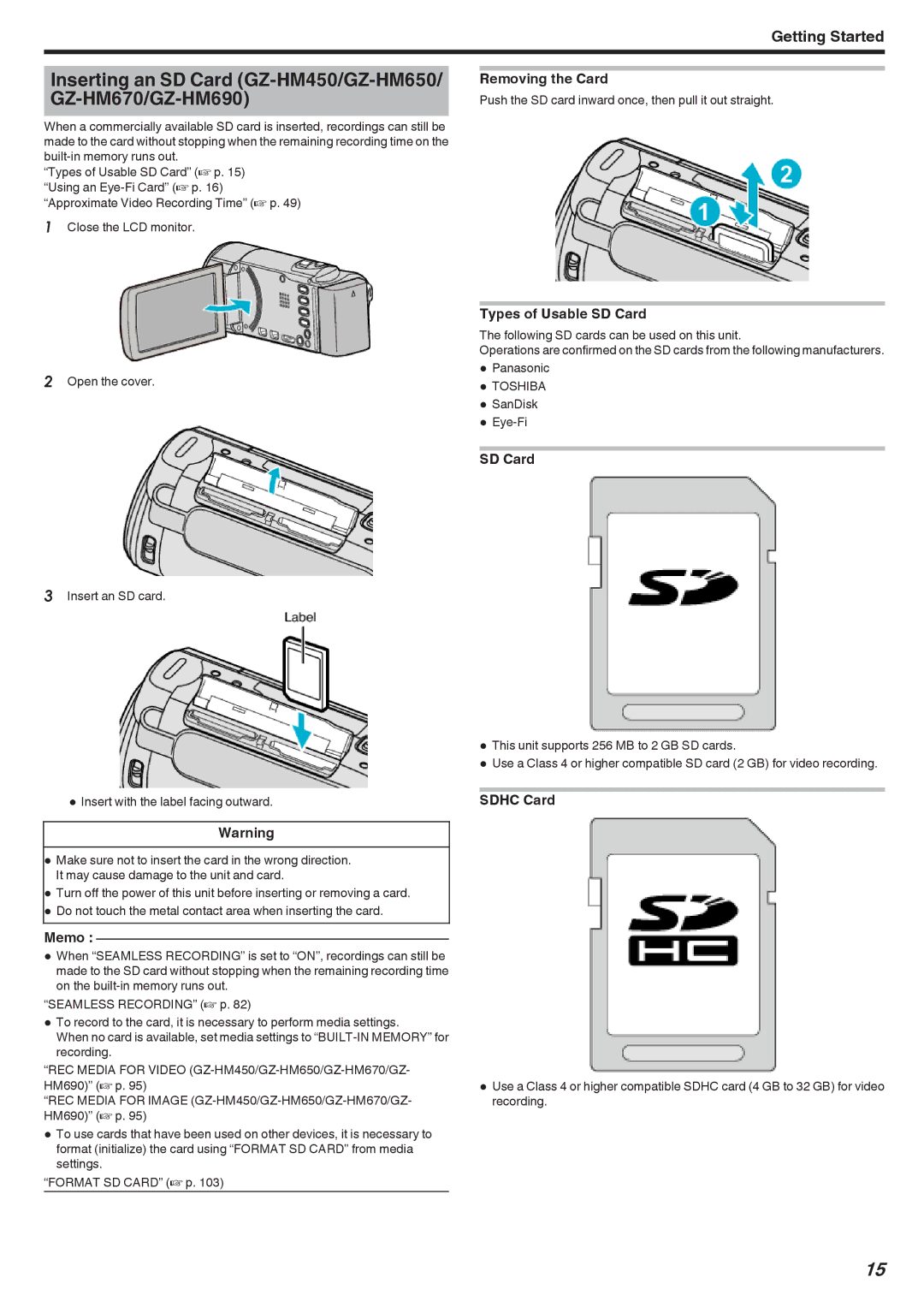 JVC Inserting an SD Card GZ-HM450/GZ-HM650/ GZ-HM670/GZ-HM690, Removing the Card, Types of Usable SD Card, Sdhc Card 