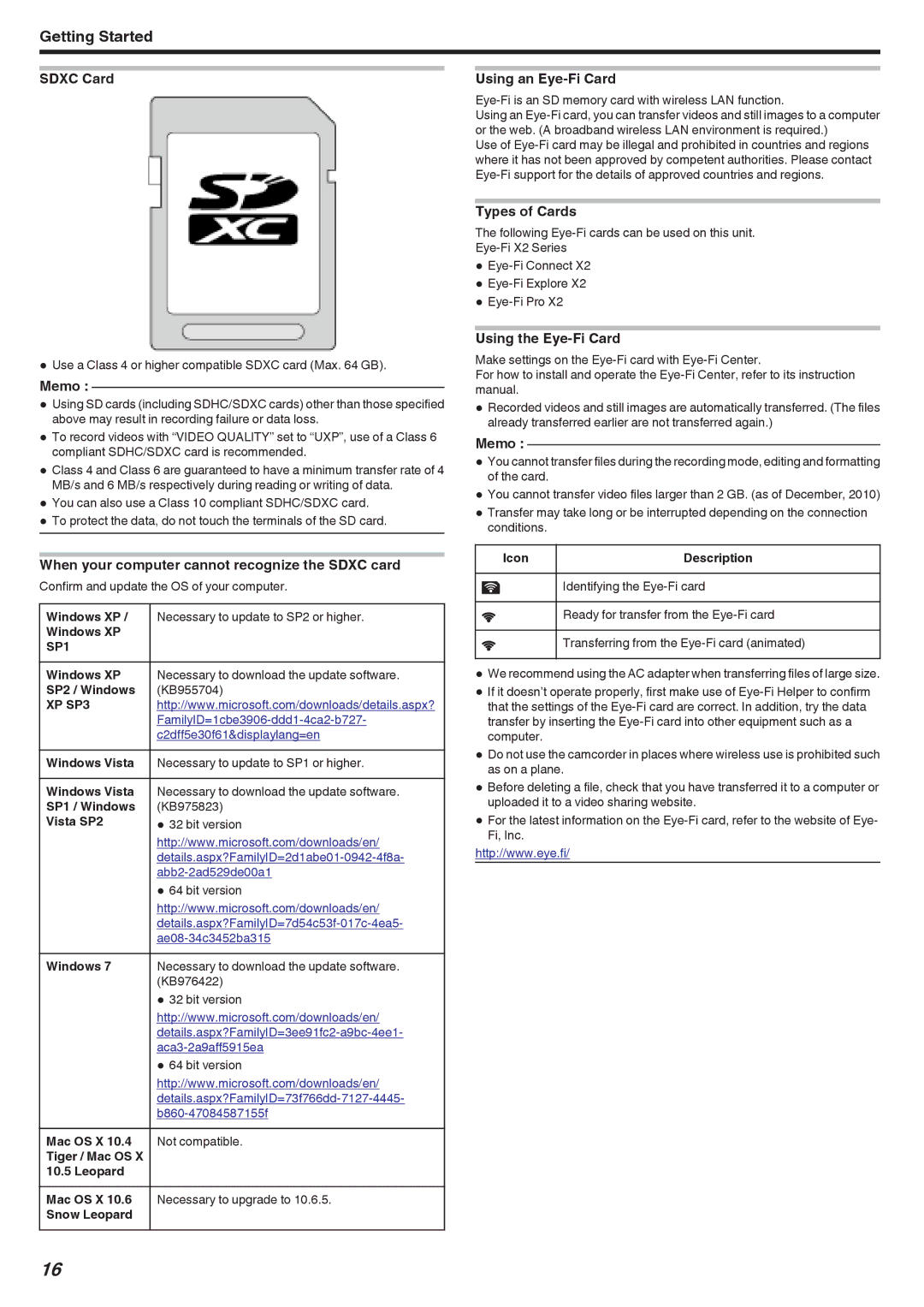 JVC GZ-HM690, GZ-HM670 Sdxc Card, When your computer cannot recognize the Sdxc card, Using an Eye-Fi Card, Types of Cards 