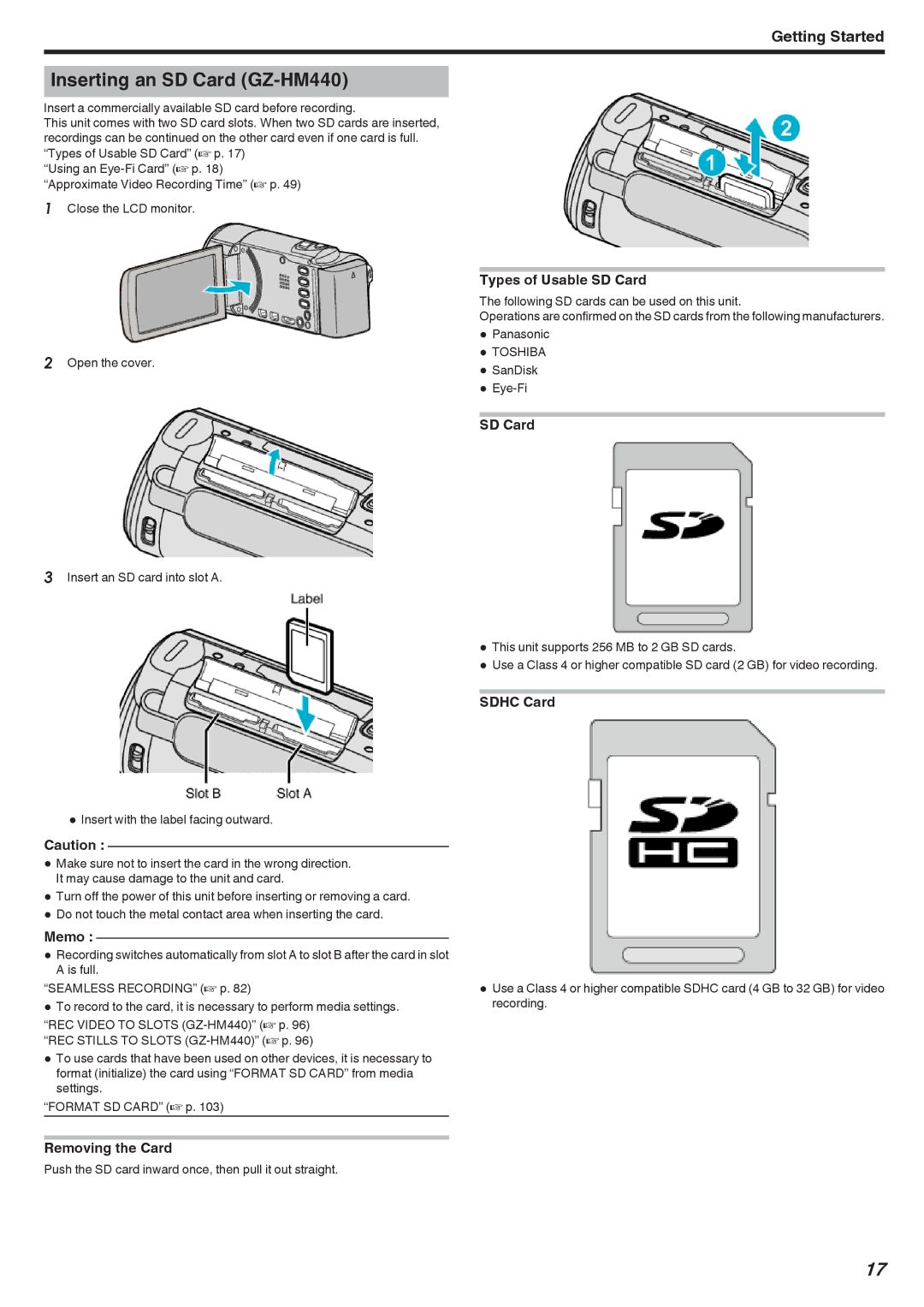 JVC GZ-HM450, GZ-HM670, GZ-HM690, GZ-HM650 manual Inserting an SD Card GZ-HM440 