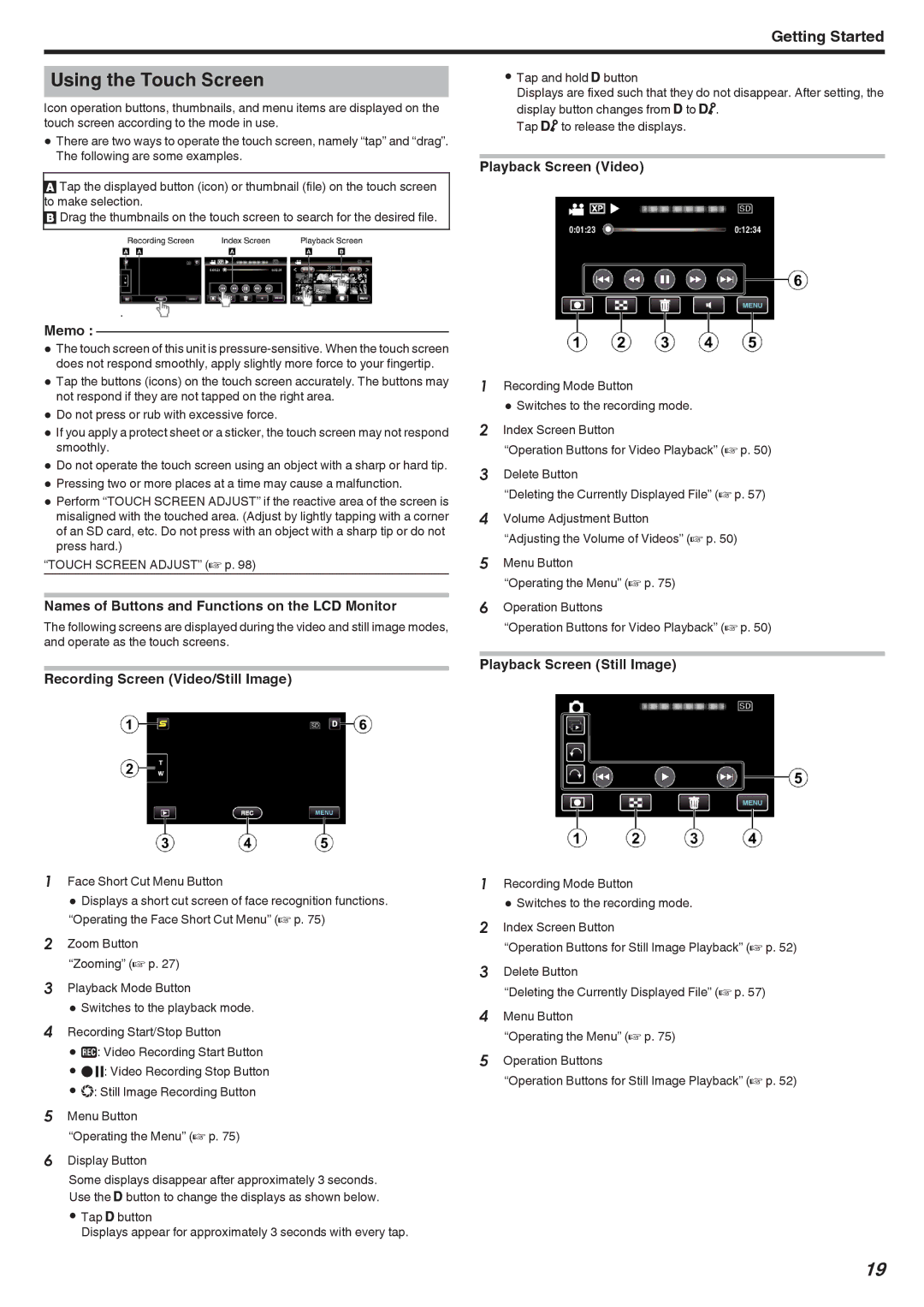 JVC GZ-HM440 Using the Touch Screen, Names of Buttons and Functions on the LCD Monitor, Recording Screen Video/Still Image 