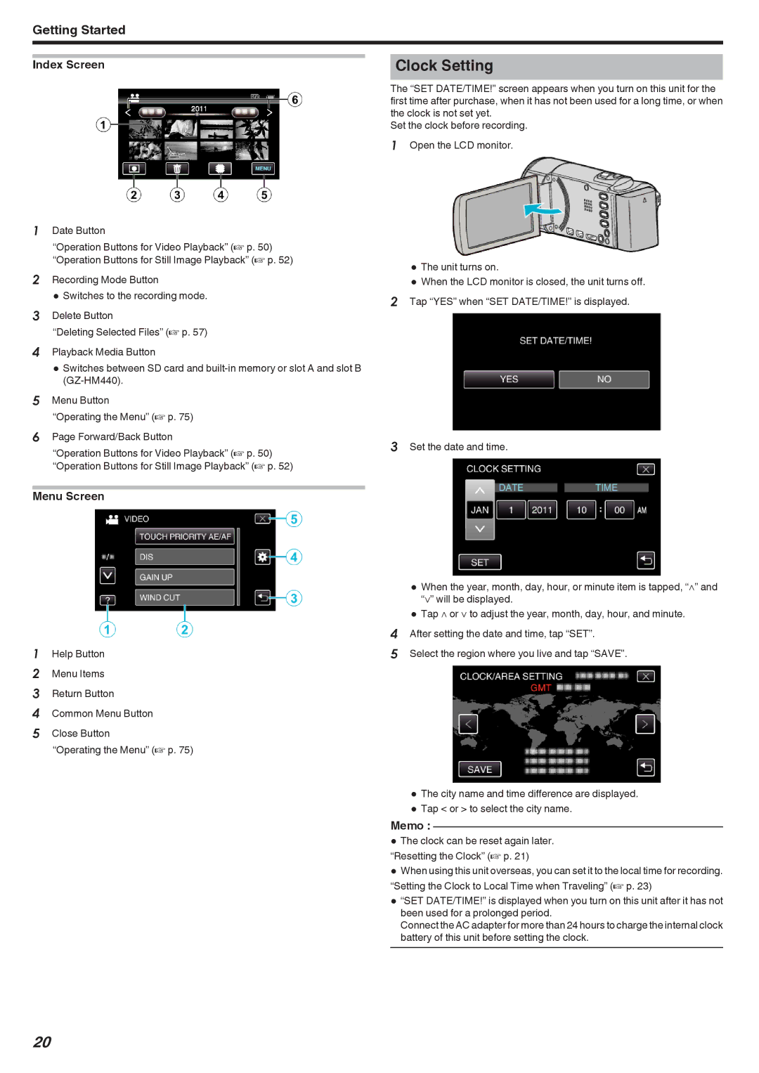 JVC GZ-HM670, GZ-HM690, GZ-HM450, GZ-HM650, GZ-HM440 manual Clock Setting, Index Screen, Menu Screen 