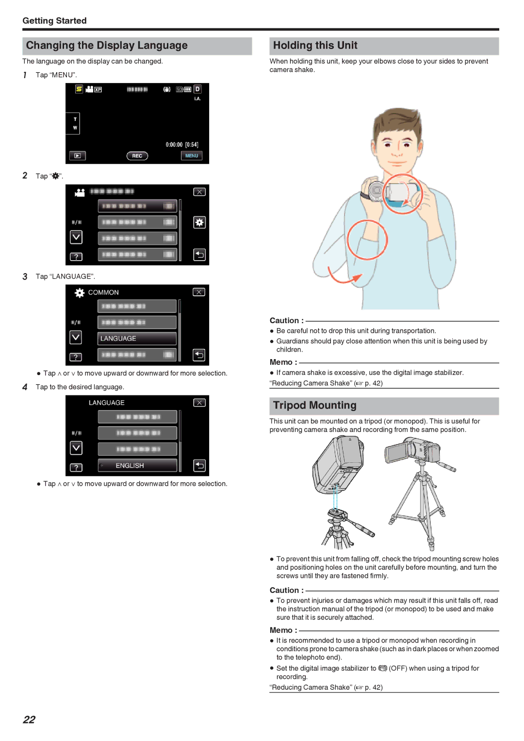 JVC GZ-HM450, GZ-HM670, GZ-HM690, GZ-HM650, GZ-HM440 manual Changing the Display Language, Holding this Unit, Tripod Mounting 