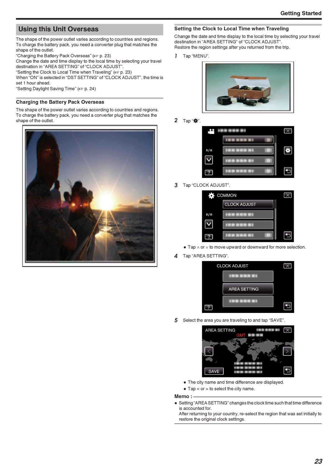 JVC GZ-HM650 Using this Unit Overseas, Charging the Battery Pack Overseas, Setting the Clock to Local Time when Traveling 