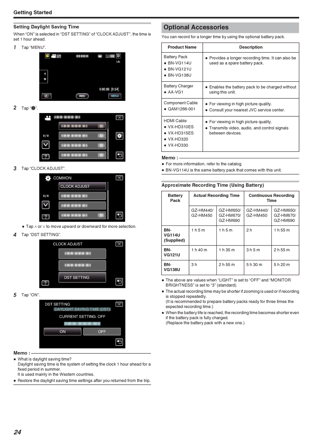 JVC GZ-HM440, GZ-HM670 manual Optional Accessories, Setting Daylight Saving Time, Approximate Recording Time Using Battery 