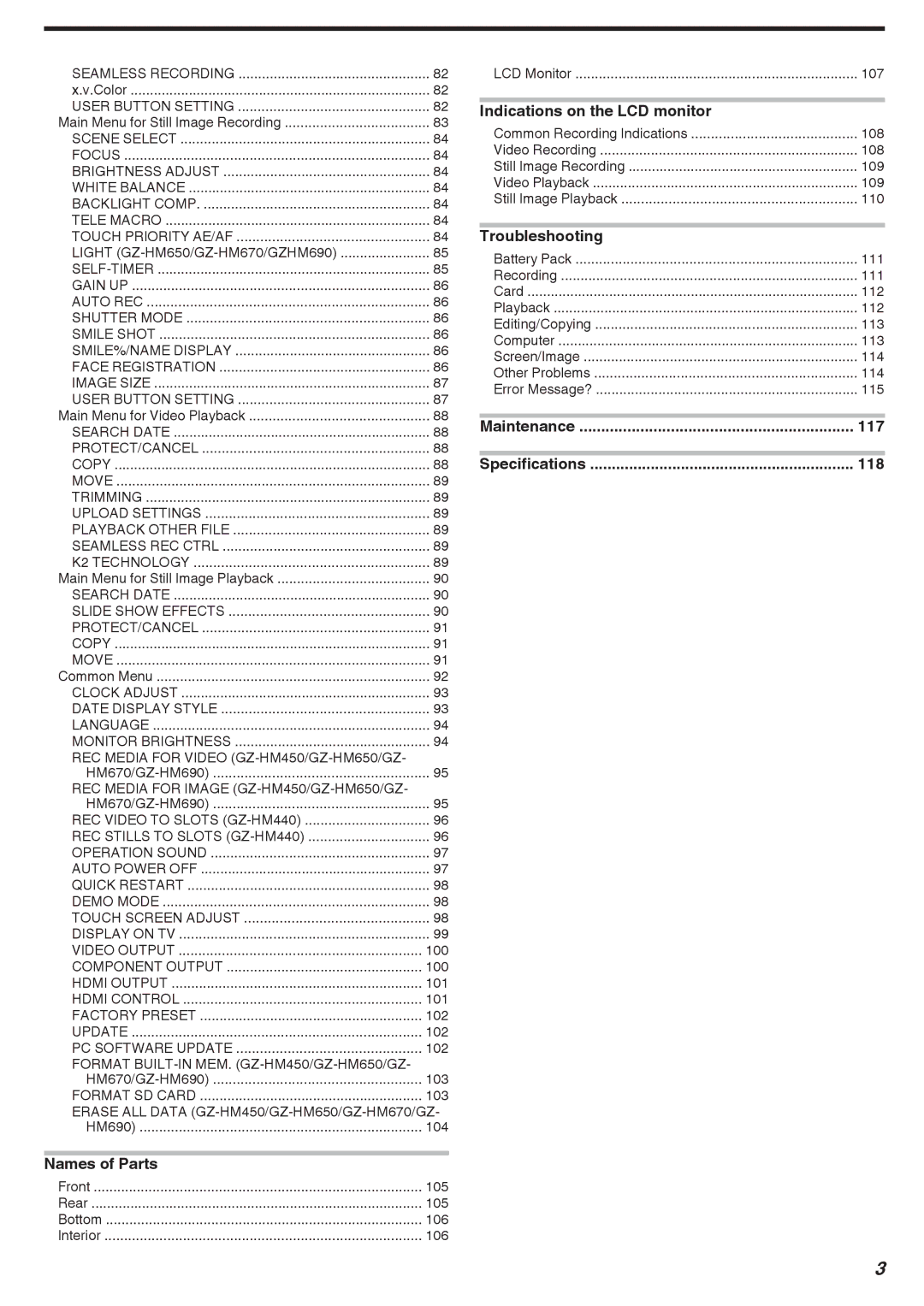 JVC GZ-HM650, GZ-HM670, GZ-HM690, GZ-HM450, GZ-HM440 manual Maintenance, Specifications 