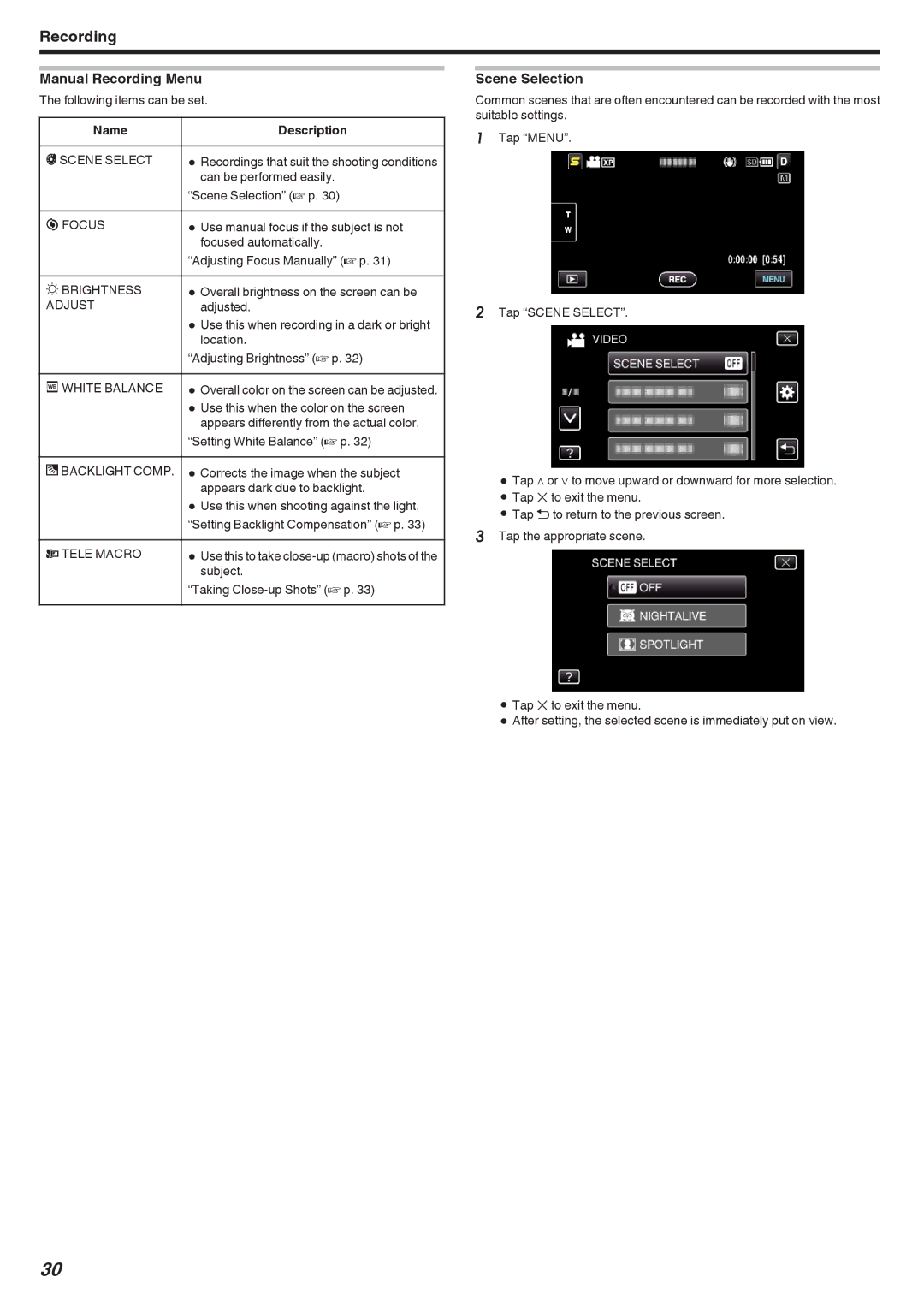 JVC GZ-HM670, GZ-HM690, GZ-HM450, GZ-HM650, GZ-HM440 manual Manual Recording Menu, Scene Selection, Name Description, Adjust 