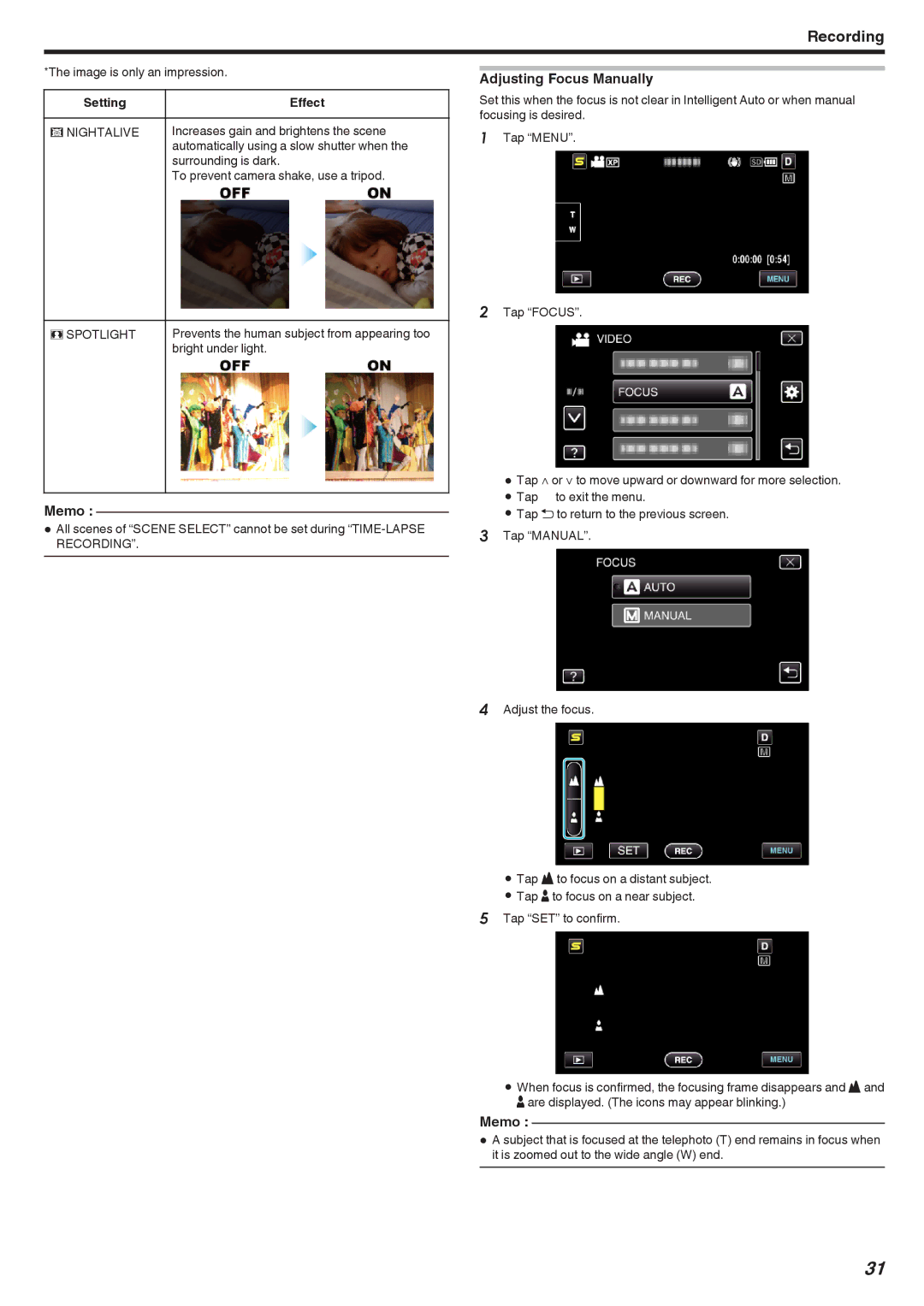 JVC GZ-HM690, GZ-HM670, GZ-HM450, GZ-HM650, GZ-HM440 manual Adjusting Focus Manually, Setting Effect 