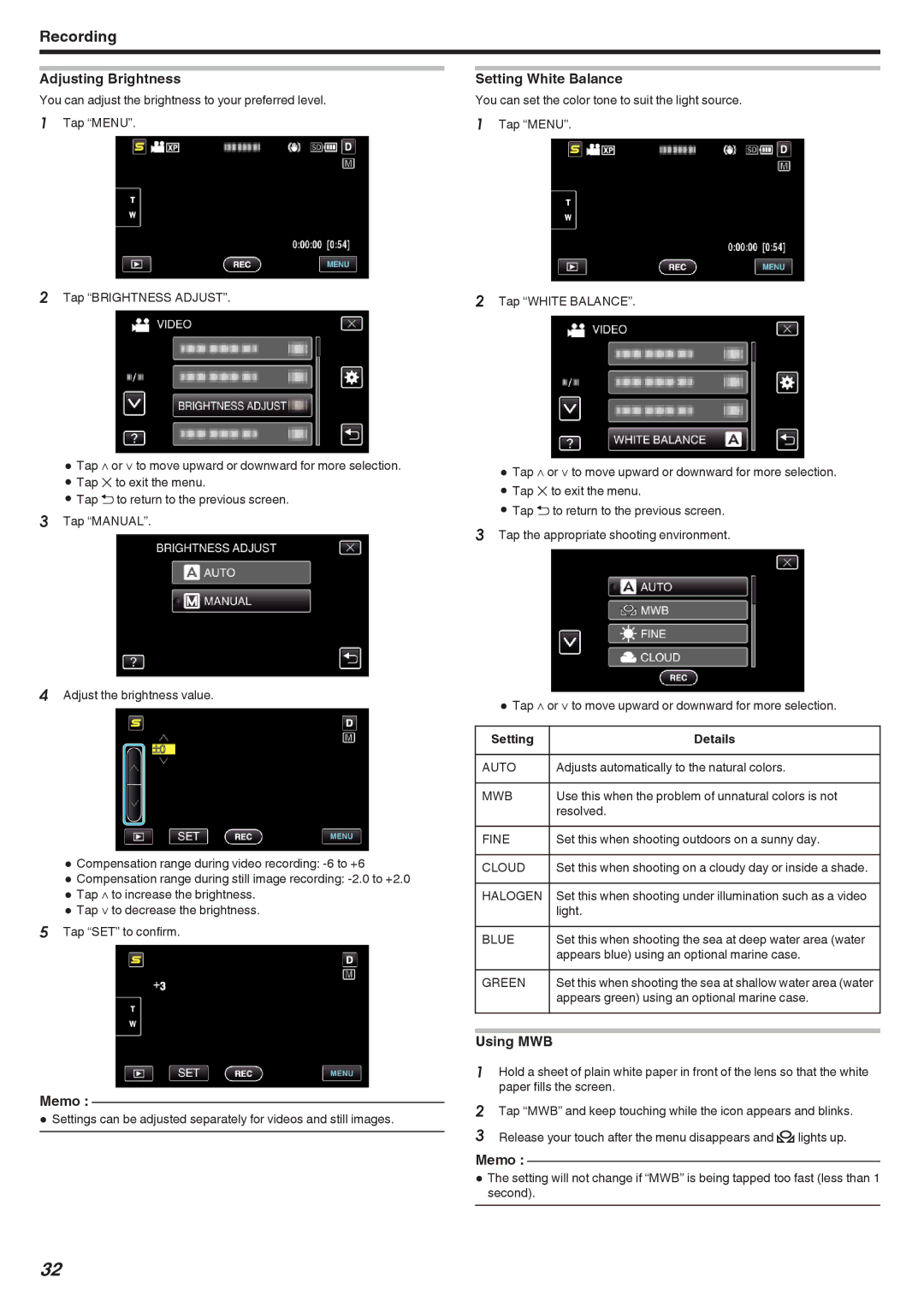 JVC GZ-HM450, GZ-HM670, GZ-HM690, GZ-HM650, GZ-HM440 Adjusting Brightness, Setting White Balance, Using MWB, Setting Details 