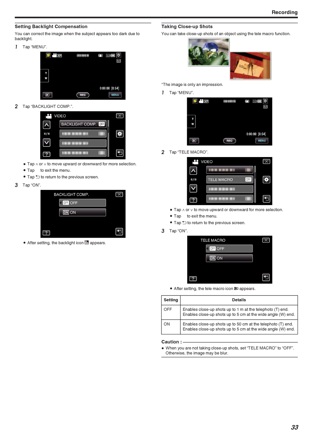 JVC GZ-HM650, GZ-HM670, GZ-HM690, GZ-HM450, GZ-HM440 manual Setting Backlight Compensation, Taking Close-up Shots, Off 