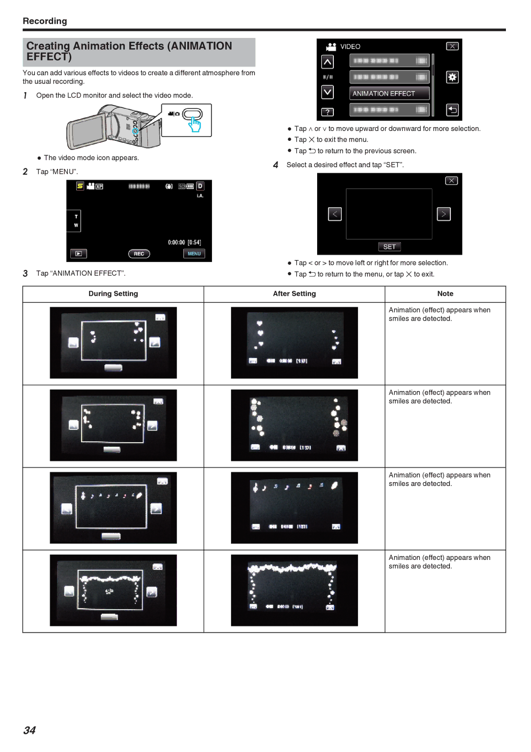 JVC GZ-HM440, GZ-HM670, GZ-HM690, GZ-HM450, GZ-HM650 manual Creating Animation Effects Animation Effect 