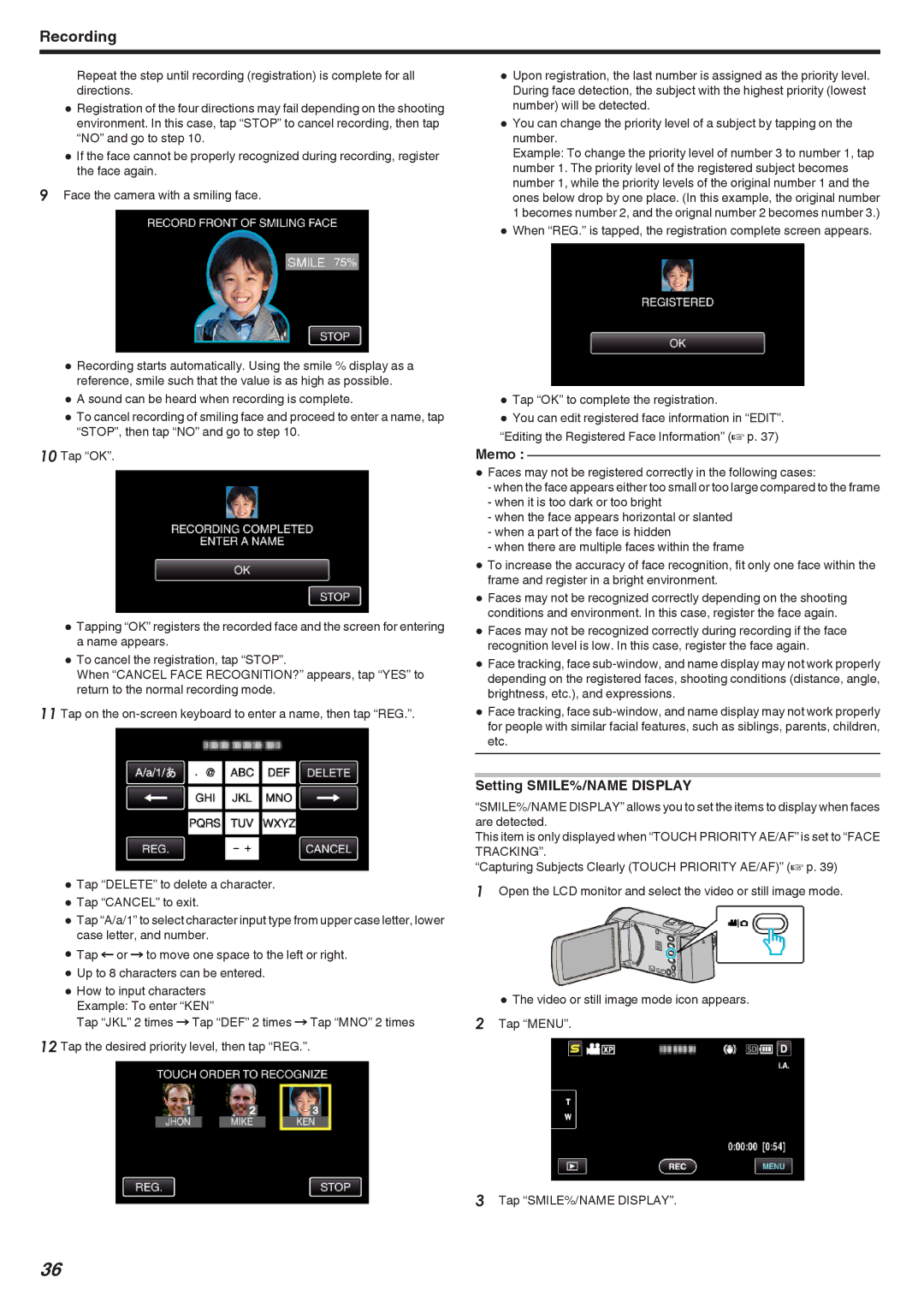 JVC GZ-HM690, GZ-HM670, GZ-HM450, GZ-HM650, GZ-HM440 manual Memo, Setting SMILE%/NAME Display 