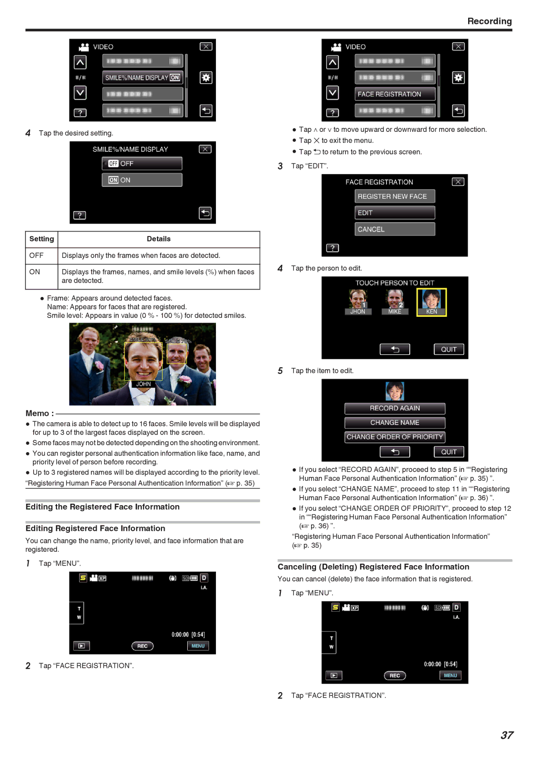 JVC GZ-HM450, GZ-HM670, GZ-HM690, GZ-HM650, GZ-HM440 manual Canceling Deleting Registered Face Information, Setting Details 
