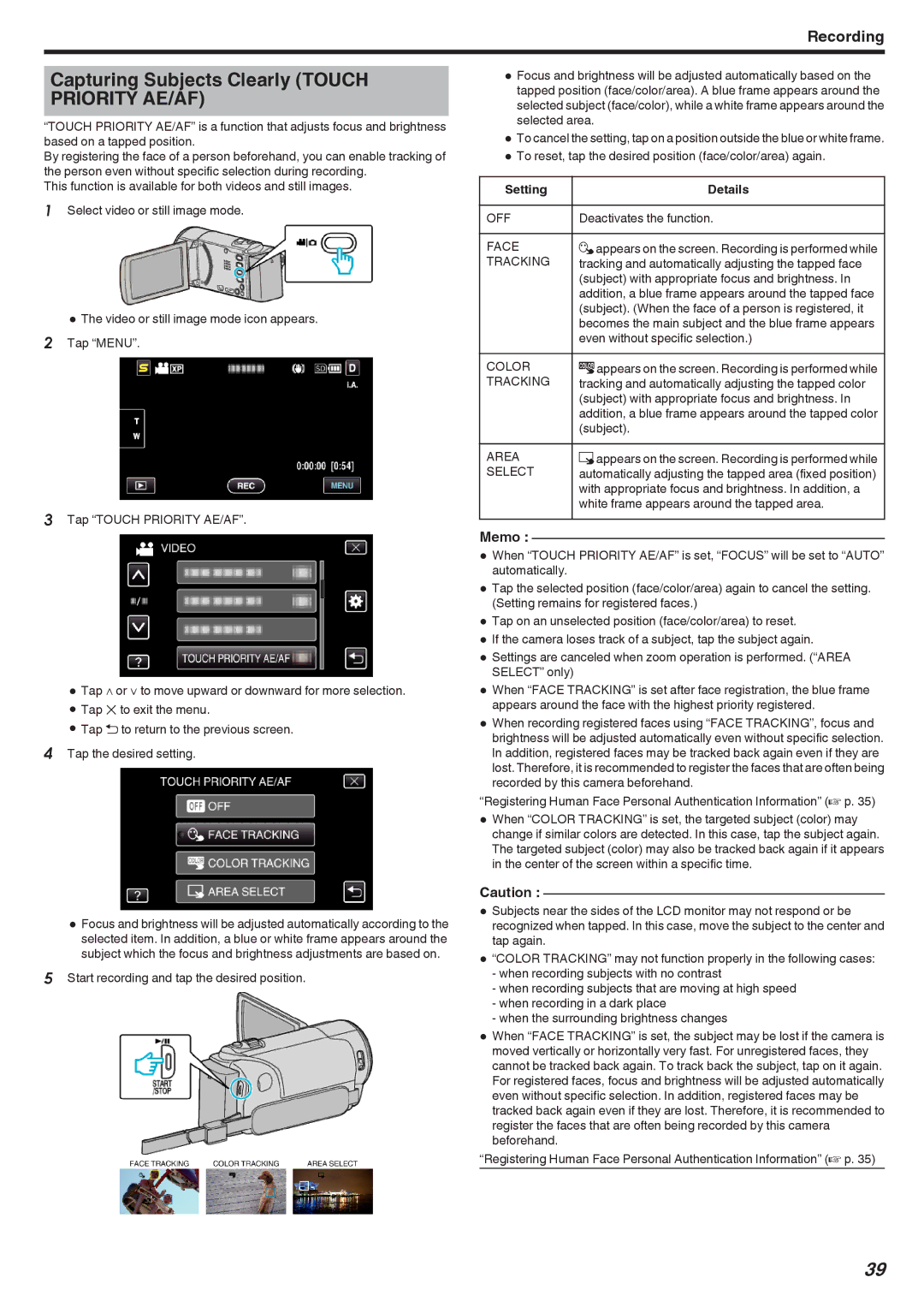 JVC GZ-HM440, GZ-HM670, GZ-HM690, GZ-HM450, GZ-HM650 manual Capturing Subjects Clearly Touch Priority AE/AF 