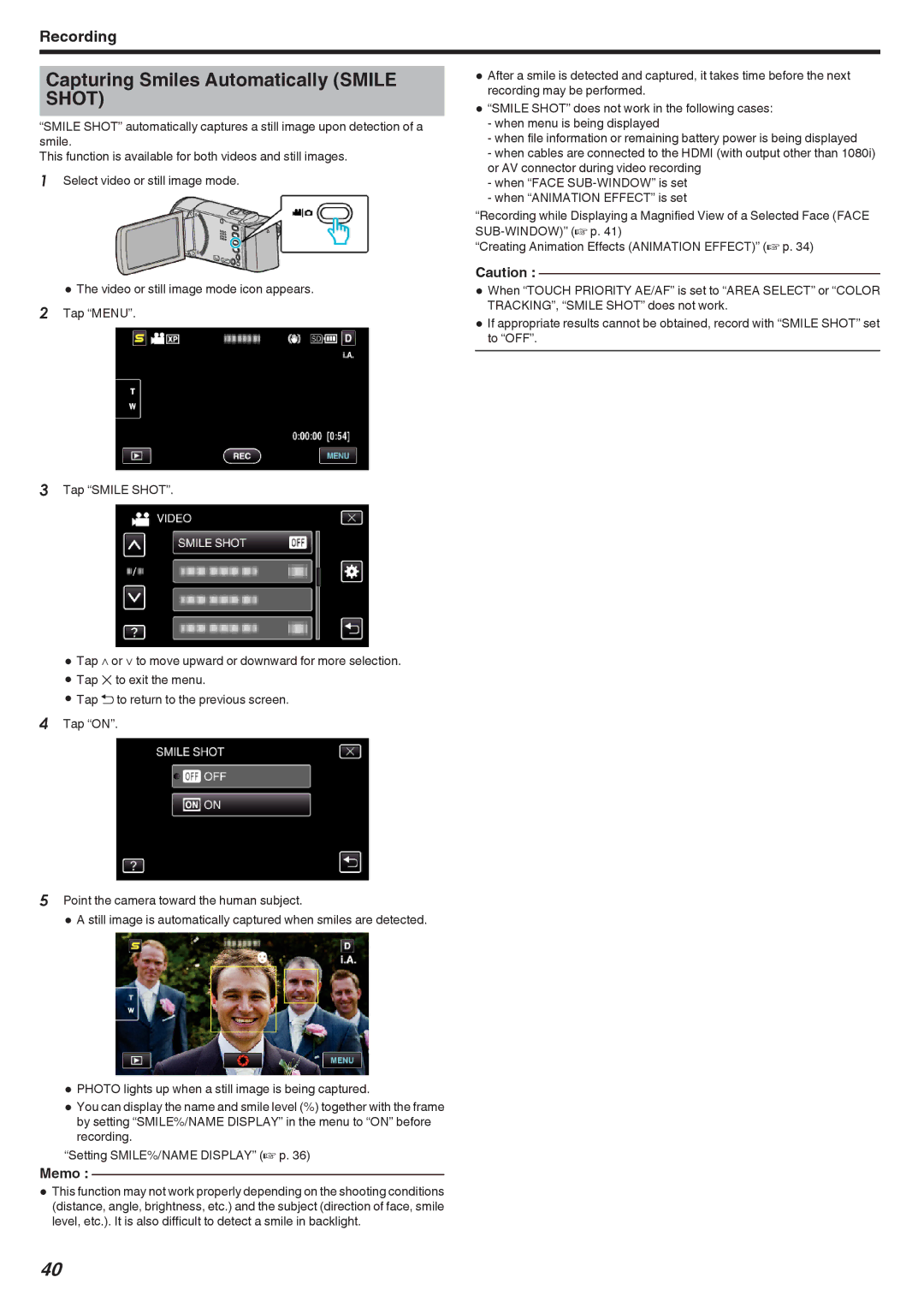 JVC GZ-HM670, GZ-HM690, GZ-HM450, GZ-HM650, GZ-HM440 manual Capturing Smiles Automatically Smile Shot 