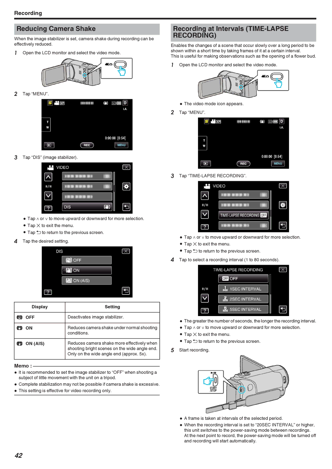 JVC GZ-HM450, GZ-HM670, GZ-HM690, GZ-HM650, GZ-HM440 manual Reducing Camera Shake, Recording at Intervals TIME-LAPSE Recording 