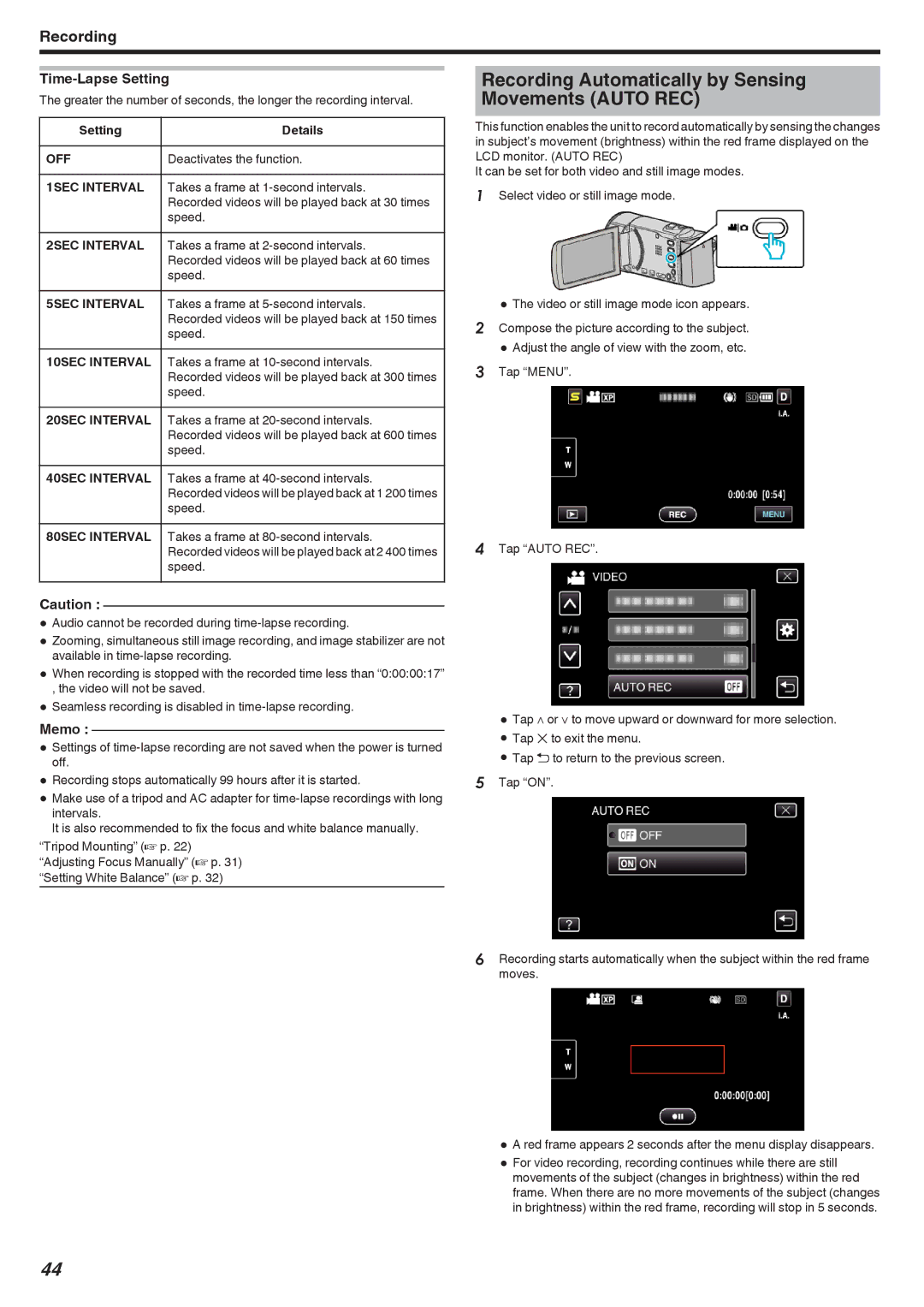 JVC GZ-HM440, GZ-HM670, GZ-HM690, GZ-HM450 manual Recording Automatically by Sensing Movements Auto REC, Time-Lapse Setting 