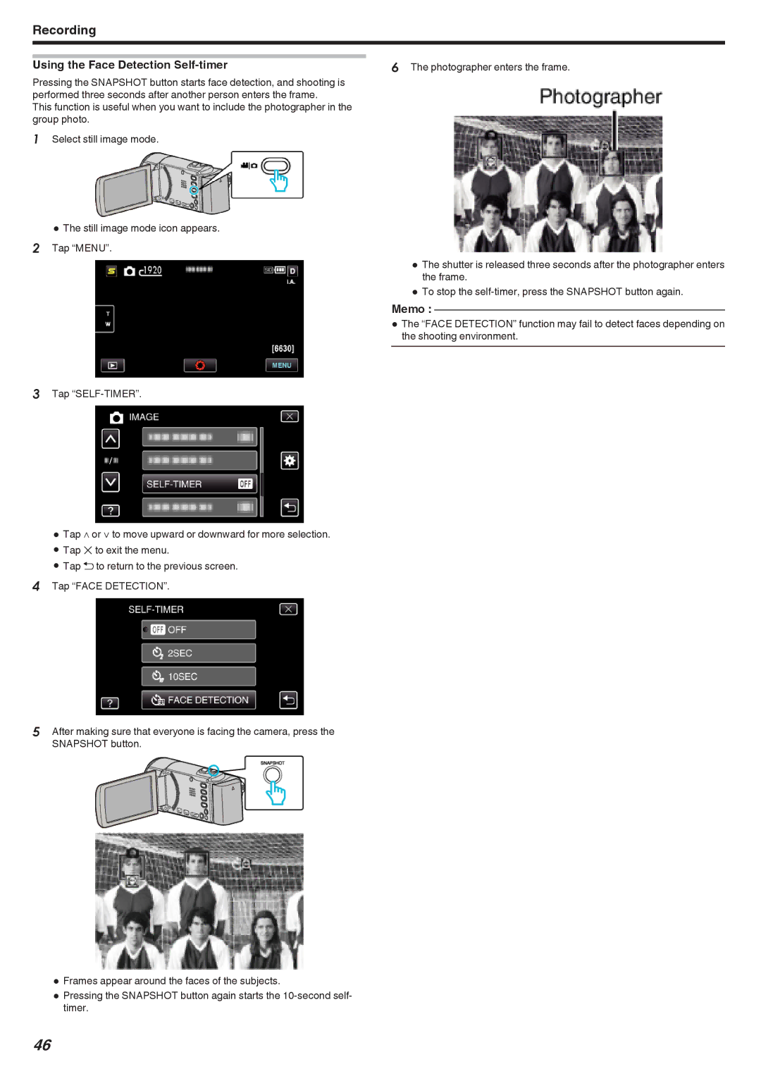 JVC GZ-HM690, GZ-HM670, GZ-HM450, GZ-HM650, GZ-HM440 manual Using the Face Detection Self-timer 