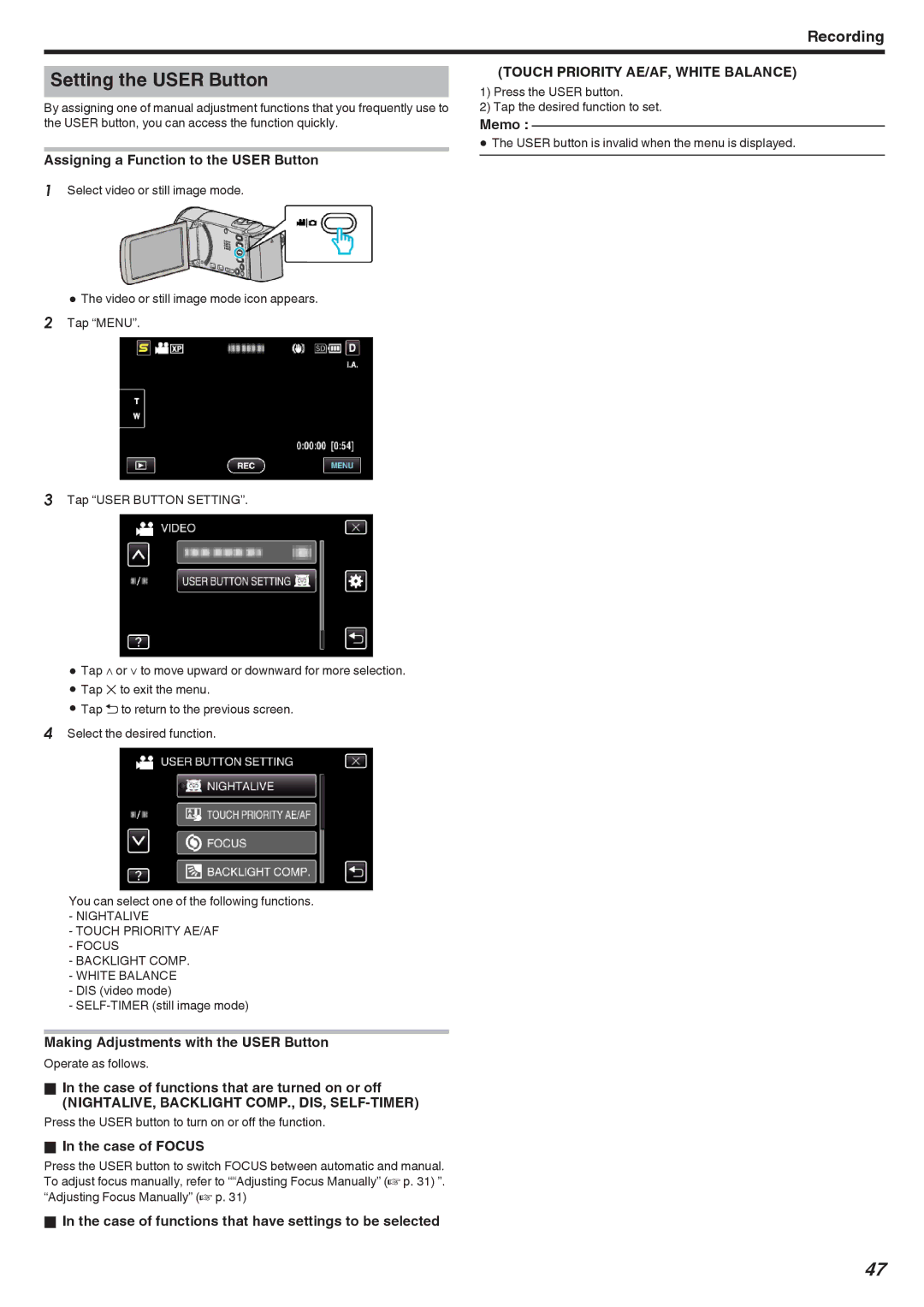 JVC GZ-HM450 Setting the User Button, Touch Priority AE/AF, White Balance, NIGHTALIVE, Backlight COMP., DIS, SELF-TIMER 