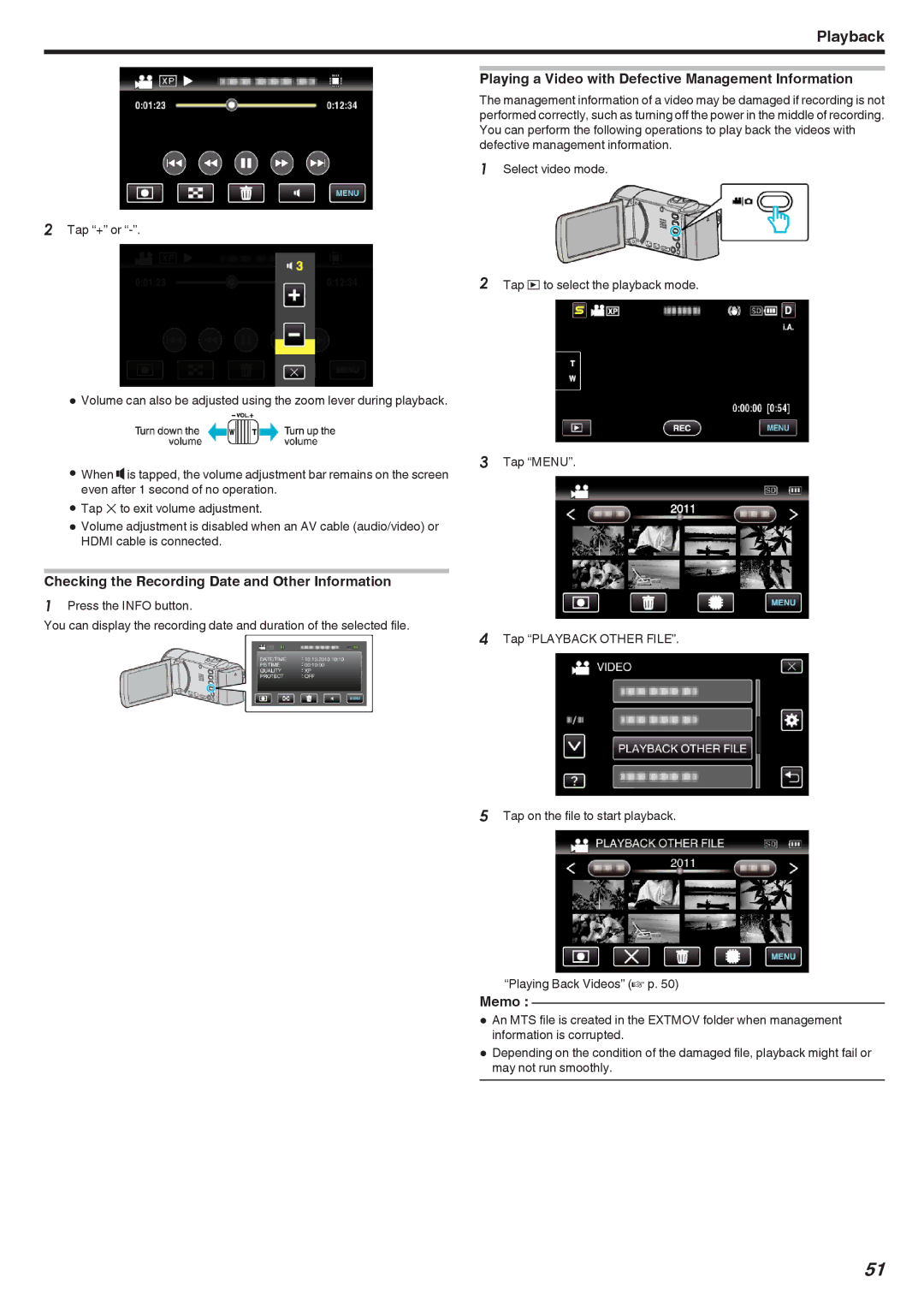 JVC GZ-HM690 Playing a Video with Defective Management Information, Checking the Recording Date and Other Information 