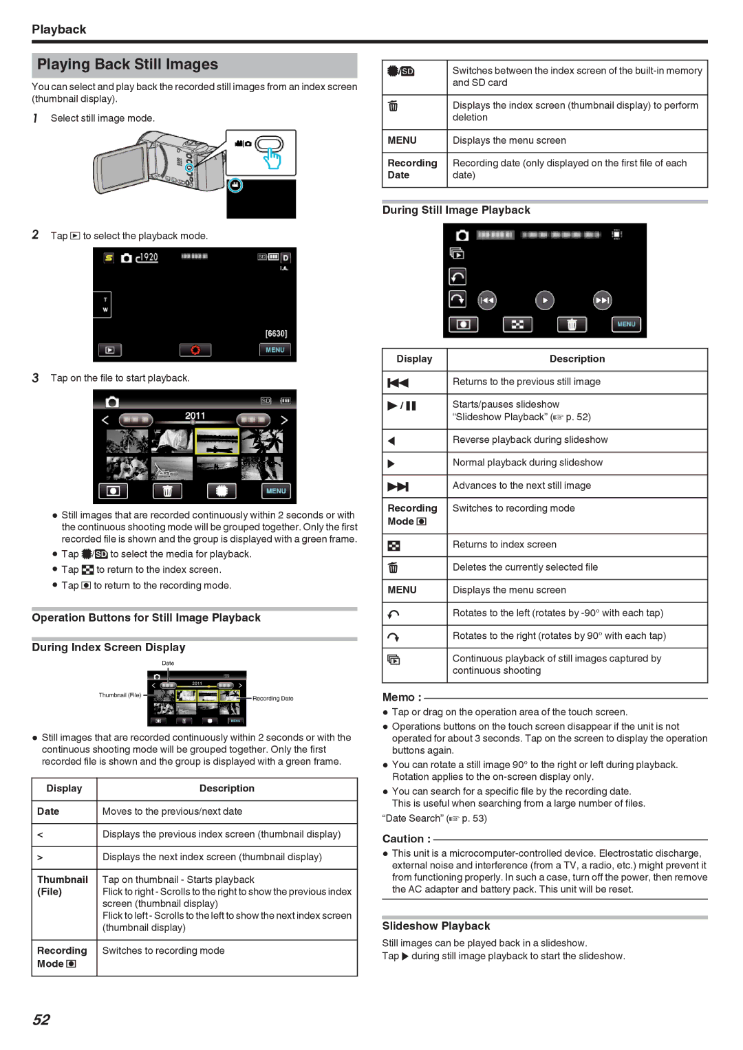 JVC GZ-HM450, GZ-HM670, GZ-HM690, GZ-HM650 manual Playing Back Still Images, During Still Image Playback, Slideshow Playback 