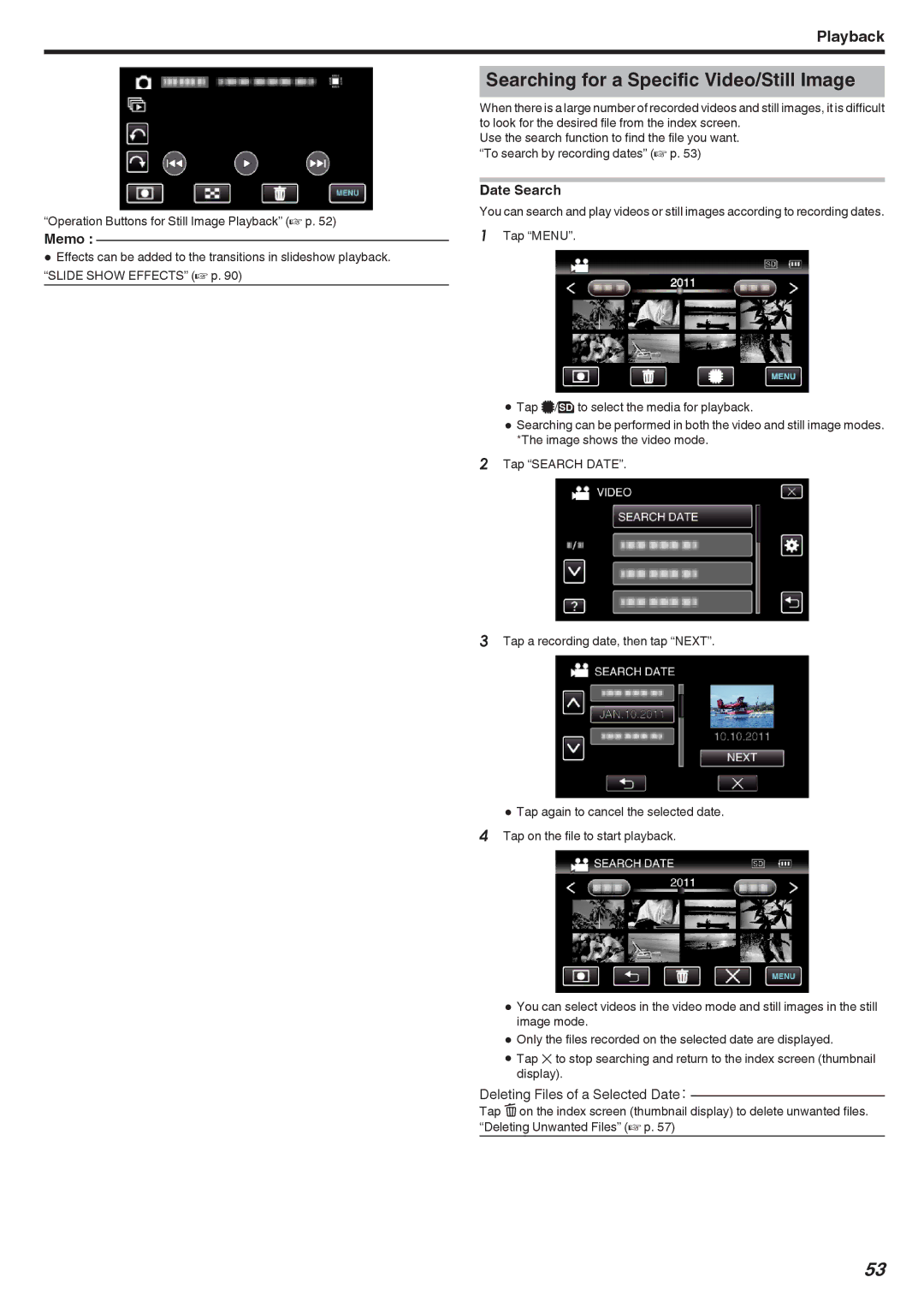 JVC GZ-HM650, GZ-HM670, GZ-HM690, GZ-HM450, GZ-HM440 manual Searching for a Specific Video/Still Image, Date Search 