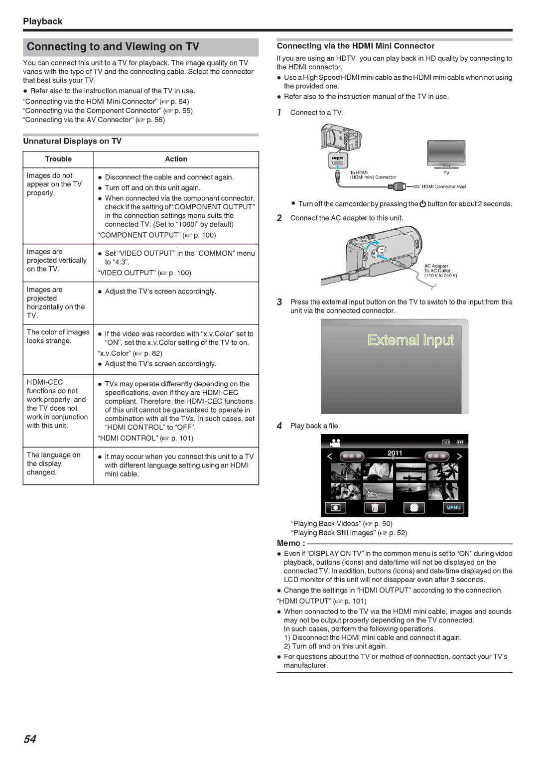 JVC GZ-HM440 Connecting to and Viewing on TV, Unnatural Displays on TV, Connecting via the Hdmi Mini Connector, Hdmi-Cec 