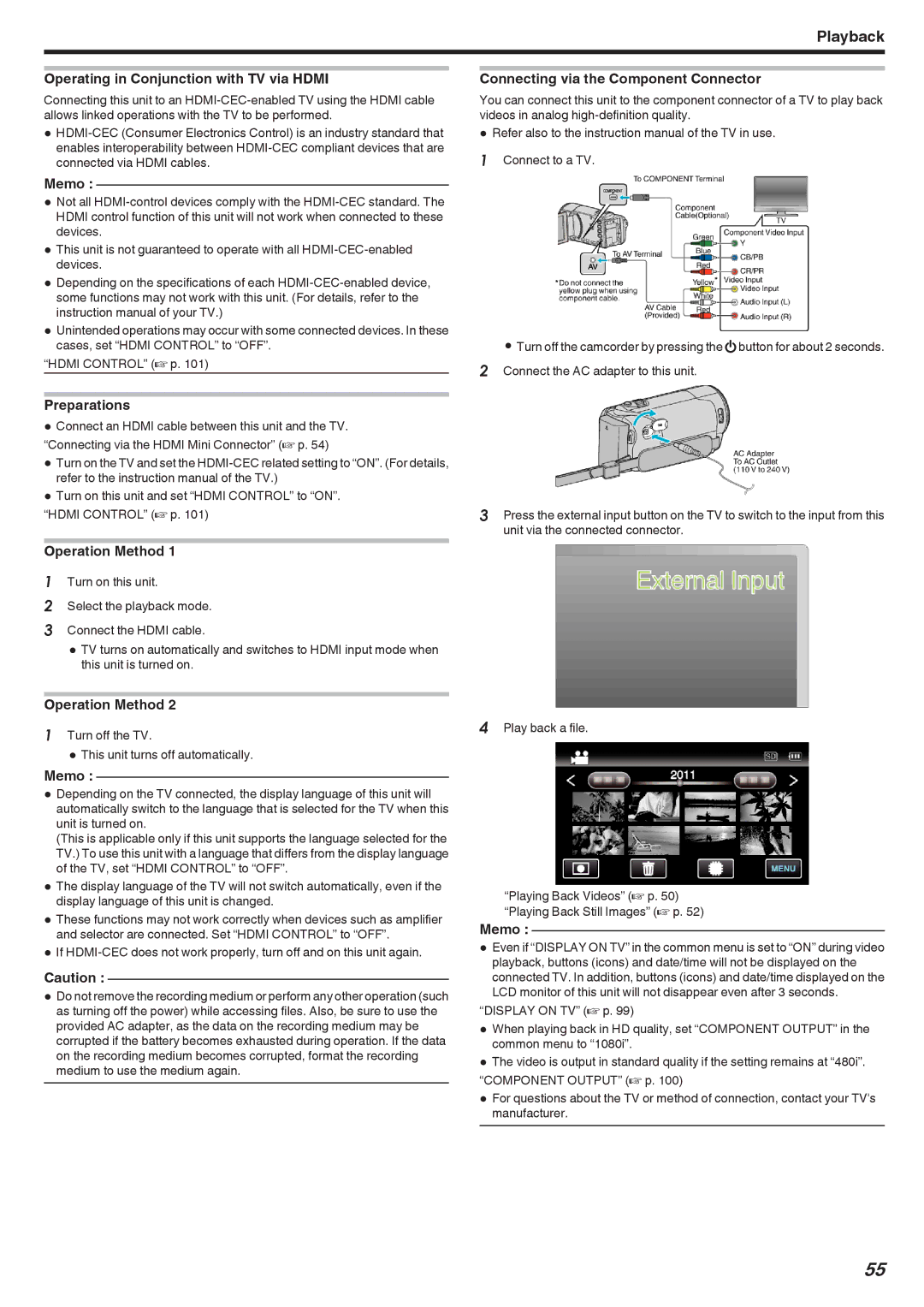 JVC GZ-HM670, GZ-HM690, GZ-HM450, GZ-HM650 manual Operating in Conjunction with TV via Hdmi, Preparations, Operation Method 