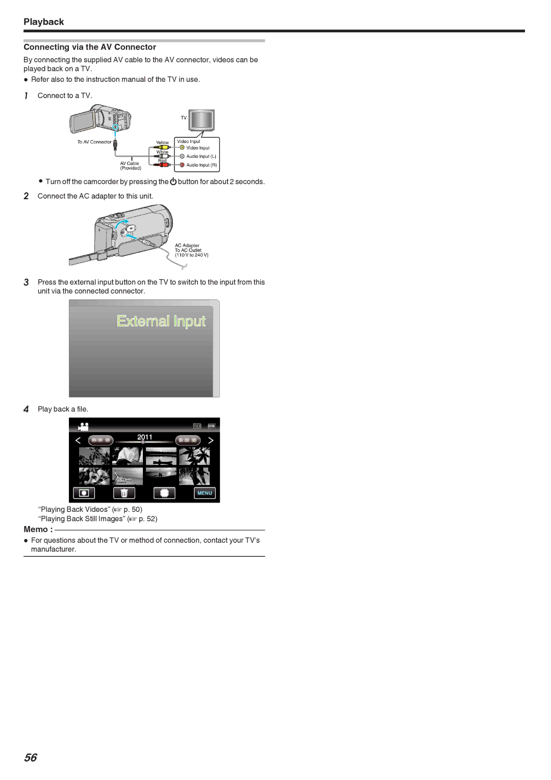 JVC GZ-HM690, GZ-HM670, GZ-HM450, GZ-HM650, GZ-HM440 manual Connecting via the AV Connector 